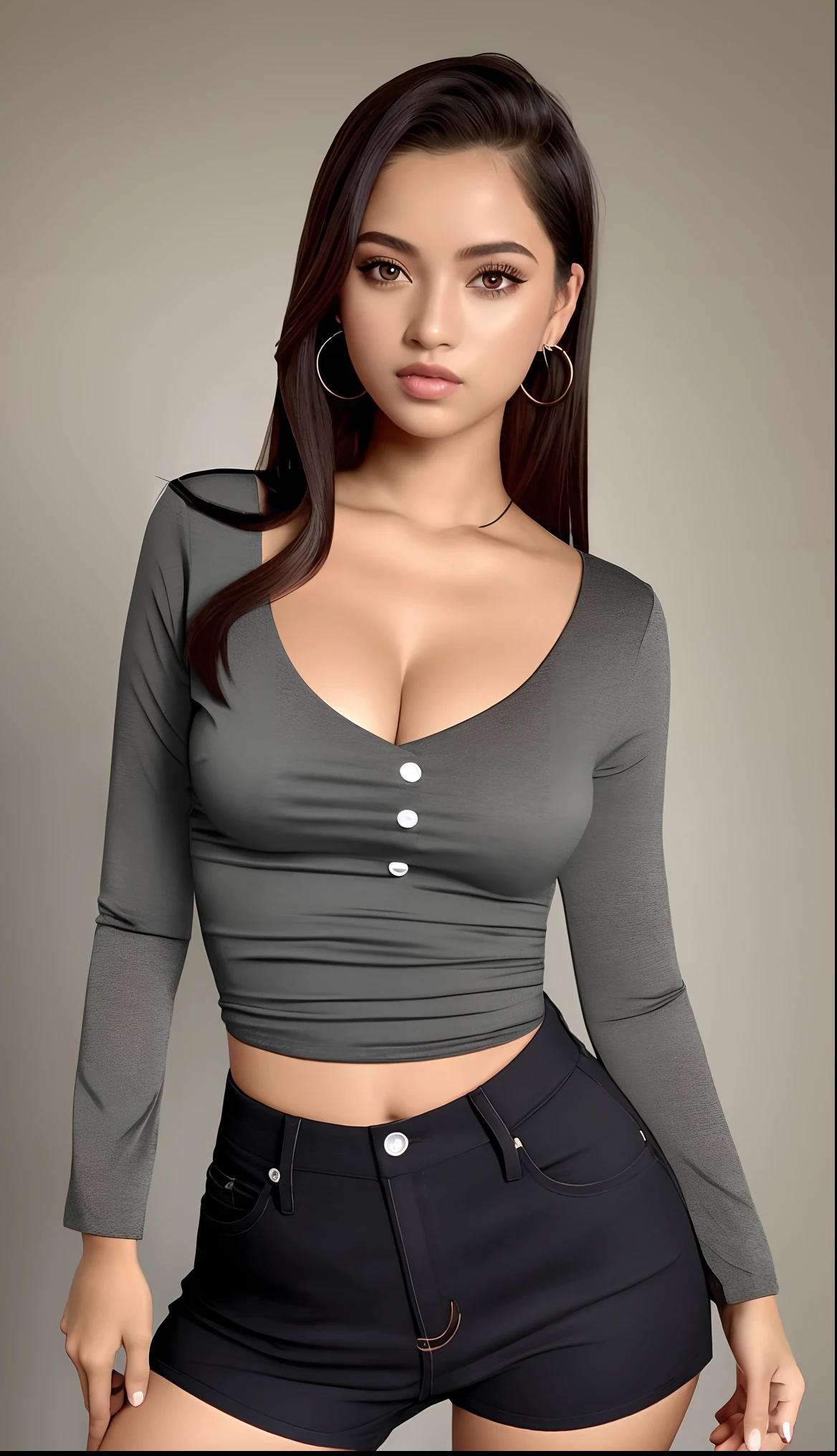 uma mulher linda em um top cinza e mini saia preta posando para uma foto, vestindo camisa apertada, usando um top cropped sexy, camisa apertada, camisa cinza, usando roupas simples e apertadas, mini saia bem curta tem, mini saia, (((mini saia))), ((saia sexy)), saia, usando crop top, usando um top bonito, 2 Modelo feminina de 4 anos, peito achatado, umbigo mostrando, Garota sexy, foto de modelo de slim, top de corte baixo