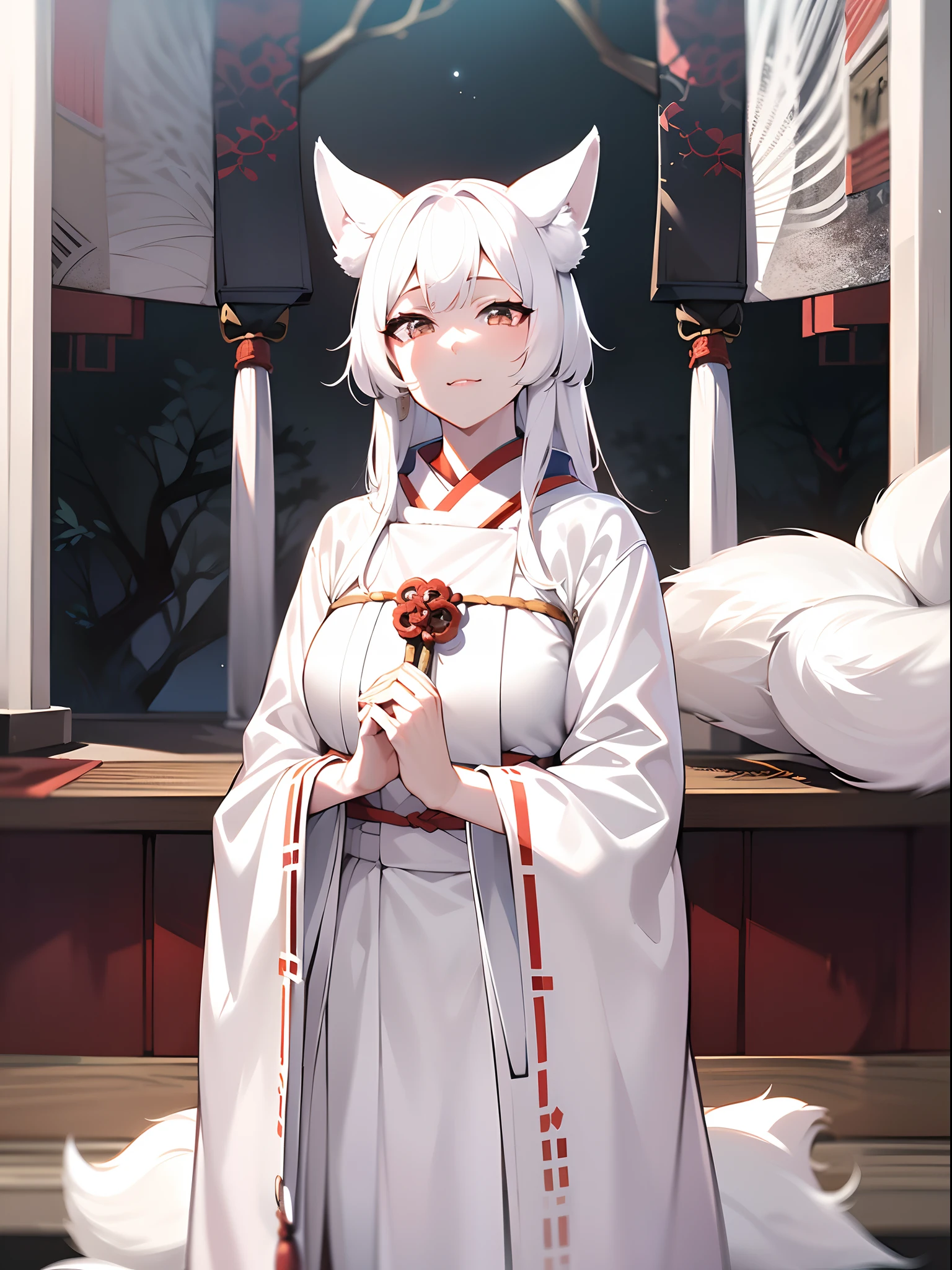 professional lighting,jpn,1girl in,((onmyouji)),18 year old beautiful woman,((((white Fox ears)))),(long shiny white hair),(Bushy white tail),nice hands, perfect hands,(An ancient shrine surrounded by giant white trees),(((A white fox girl staring at us in the center of the shrine stage)))