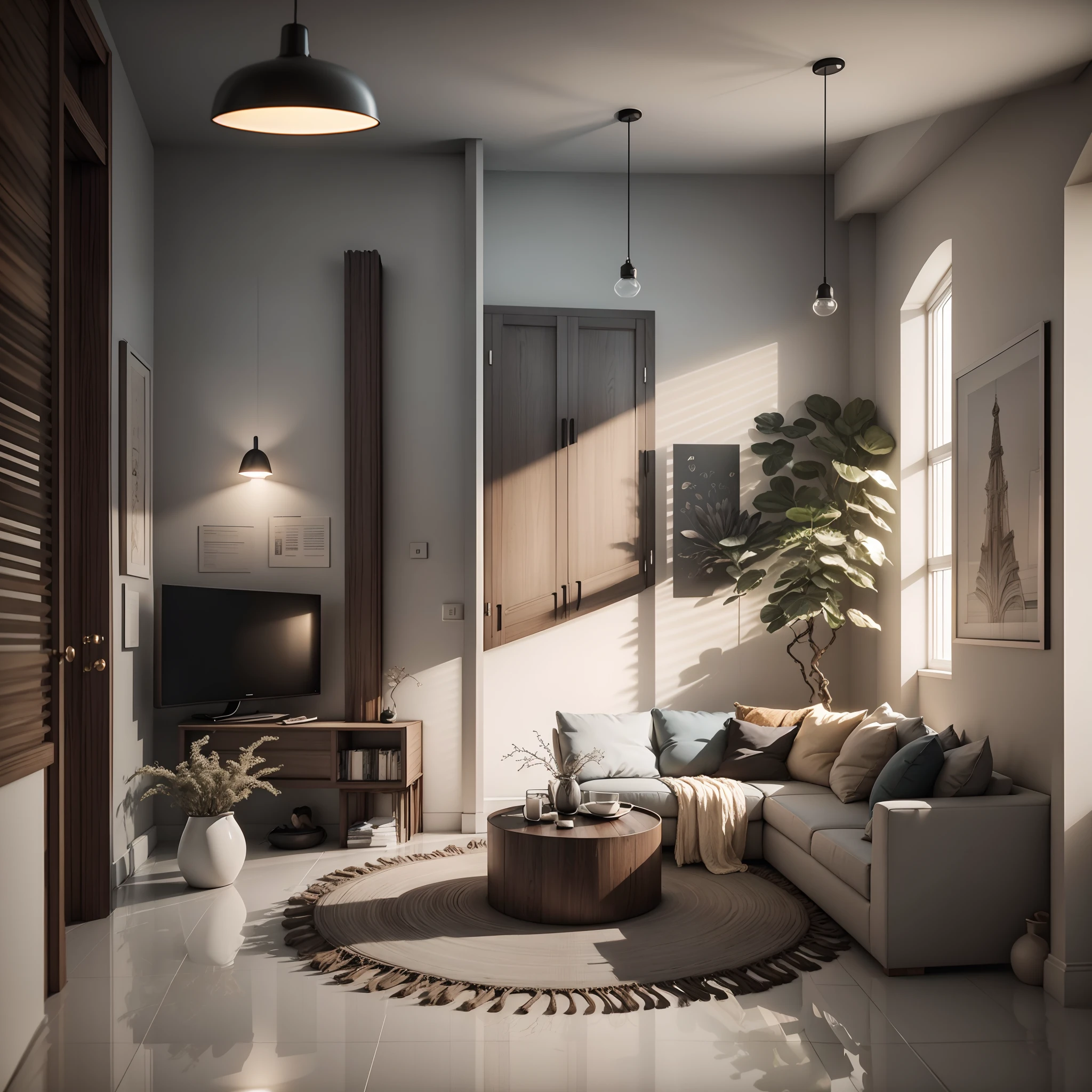 Interior design，liveroom，European minimalist style，Minimalist，nordic，(Black ash)，Light-colored furniture，Multi-angle display，a 3D render、cozy indoor lighting、8K，terrazzo，janelas，Simple wall lamp，Concise wind，broad