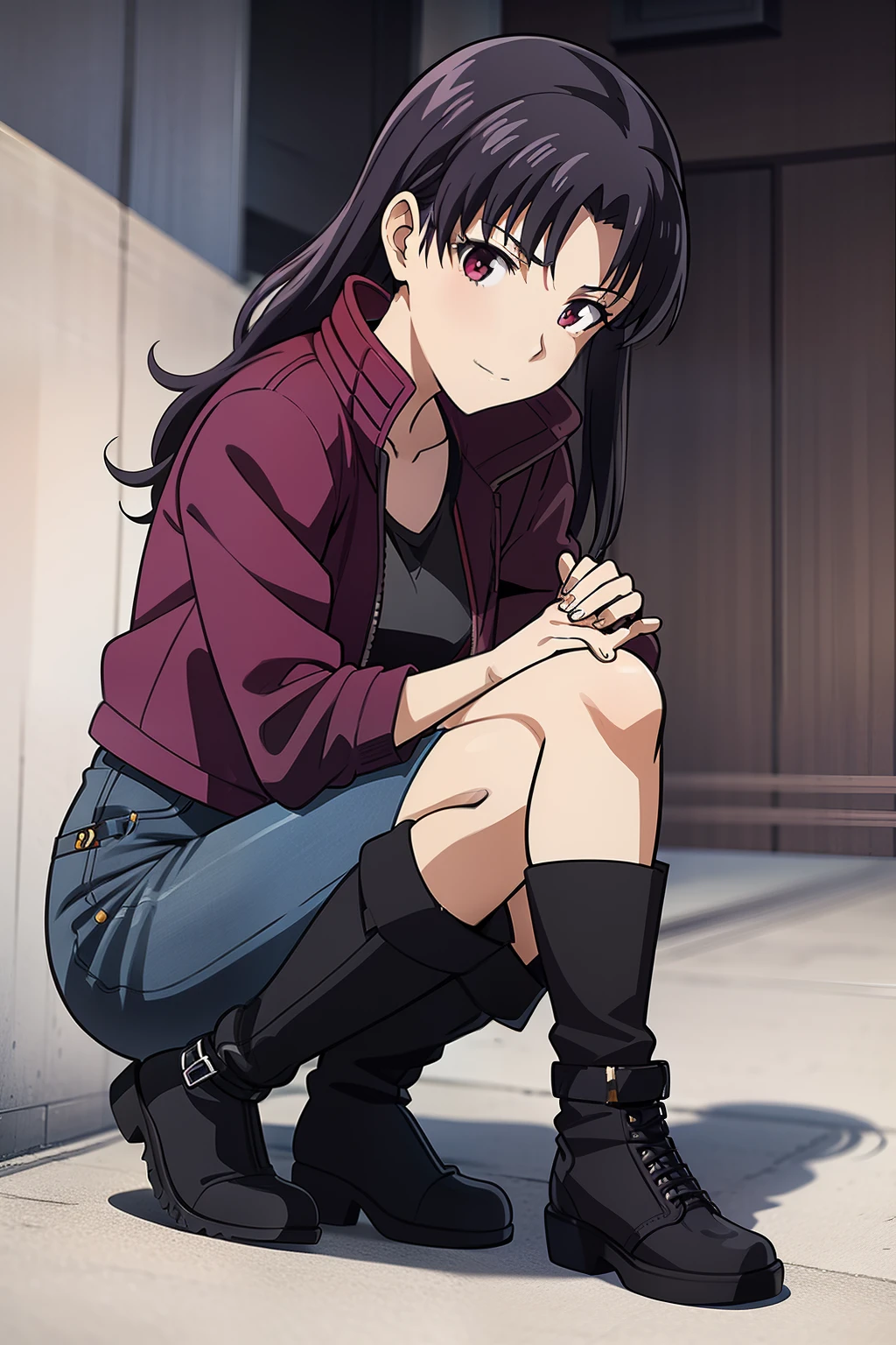 Misato , Dressed in a black Modern street style jacket , under it she wears a Purpel short tank top , a Black Modern street style Jeans , Modern street style Black and violet colored sports boots