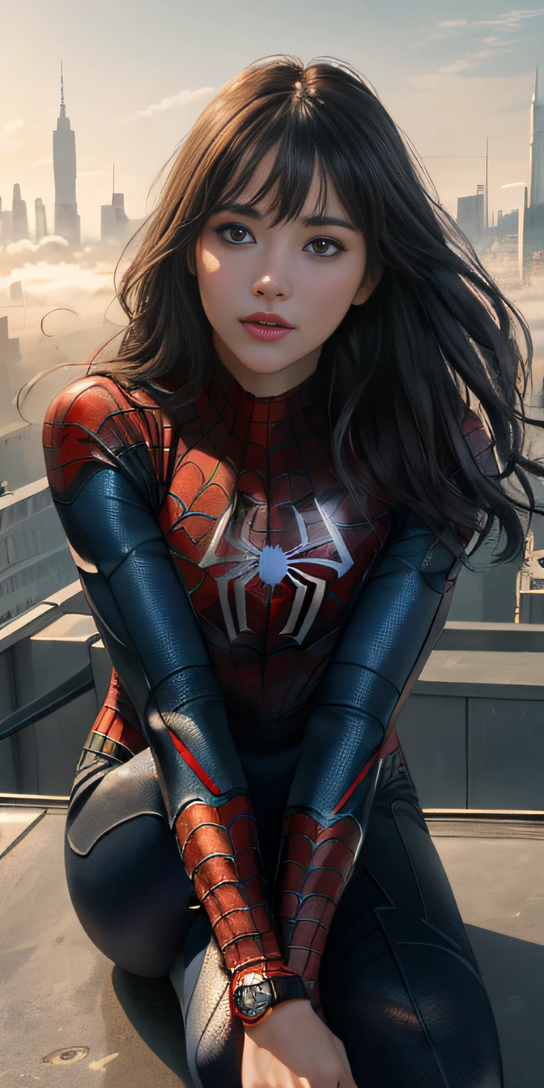 (1girl:1.3), Solo, (((Very detailed face)))), ((Very detailed eyes and face)))), Beautiful detail eyes, Body parts__, Official art, Unified 8k wallpaper, Super detailed, beautiful and beautiful, beautiful, masterpiece, best quality, original, masterpiece, super fine photo, best quality, super high resolution, realistic realism, sunlight, full body portrait, amazing beauty, dynamic pose, delicate face, vibrant eyes, (from the front), She wears Spider-Man suit, red and black color scheme, spider, very detailed city roof background, rooftop, overlooking the city, detailed face, detailed complex busy background, messy, gorgeous, milky white, highly detailed skin, realistic skin details, visible pores, clear focus, volumetric fog, 8k uhd, DSLR, high quality, film grain, fair skin, photo realism, lomography, futuristic dystopian megalopolis, translucent