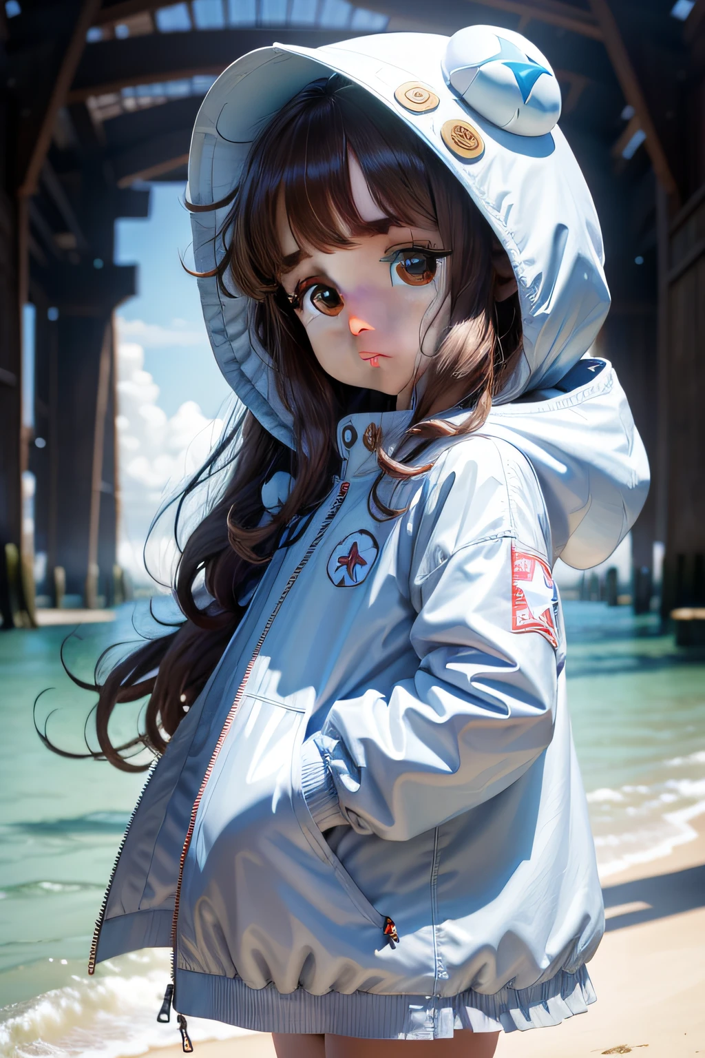 90's anime style,Cute little girl 3 years old,Round face,Big eyes,Long brown curly hair,adorable expression,White translucent clothes hooded jacket，Holding a blue star in his hand，sweet,Seaside blue light background