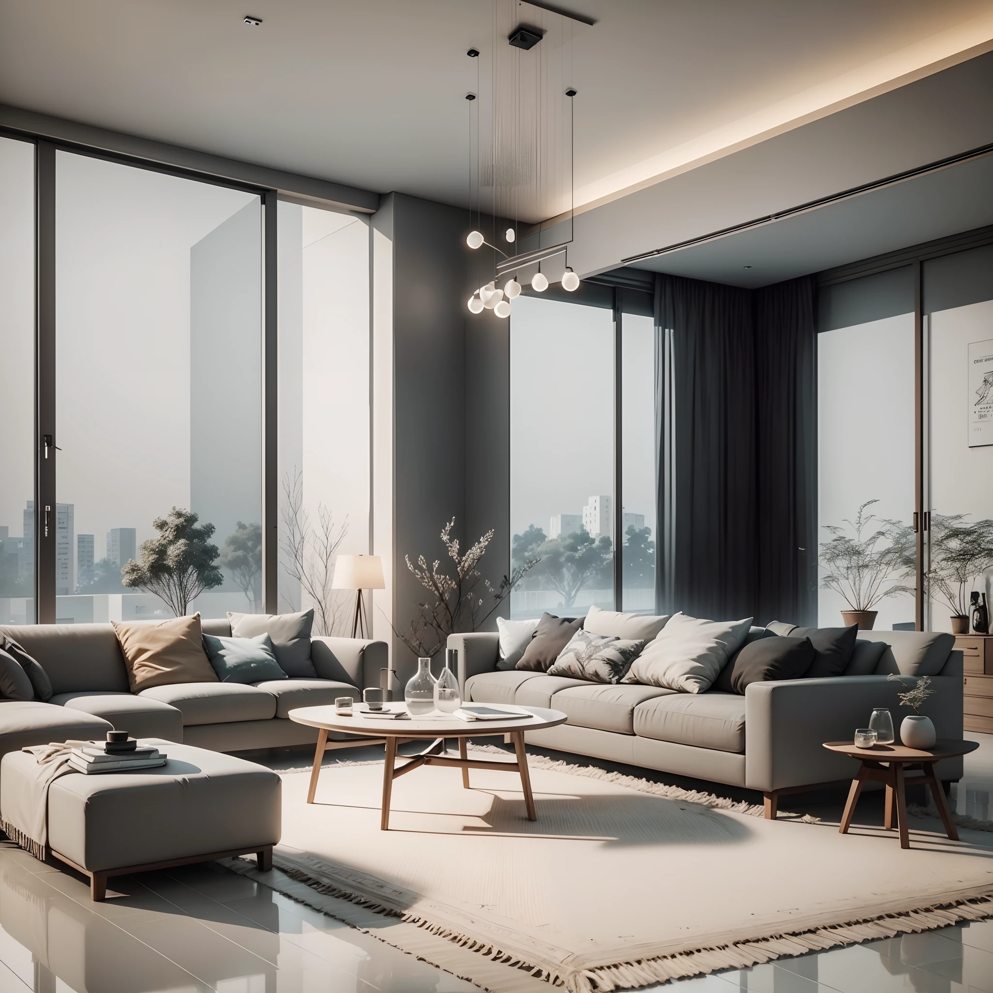 Interior design，liveroom，European minimalist style，Minimalist，nordic，(Black ash)，Light-colored furniture，Multi-angle display，a 3D render、cozy indoor lighting、8K，terrazzo，janelas，Simple wall lamp，Concise wind，broad,Floor-to-ceiling windows