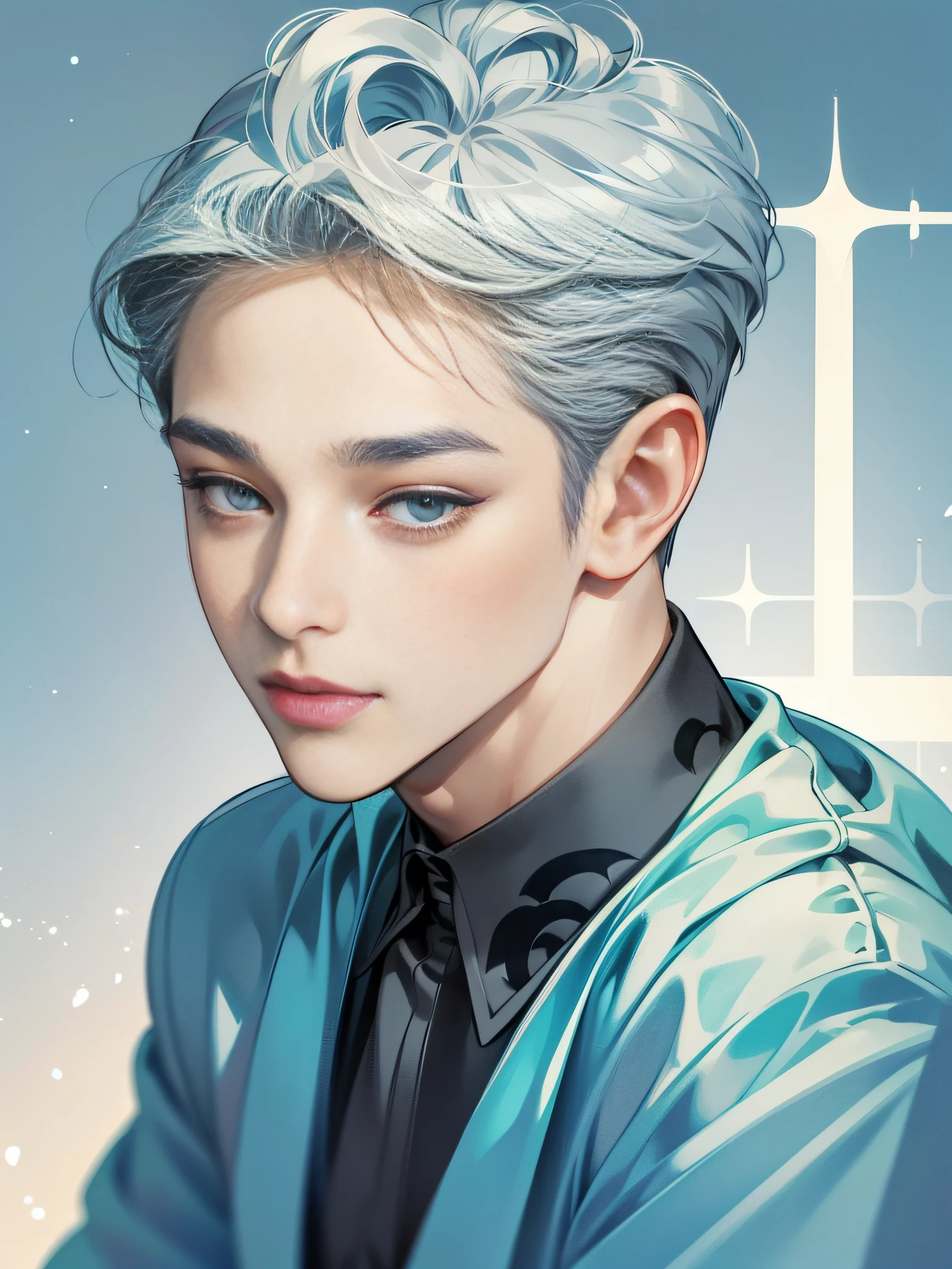 Short light blue-gray hair，closeup of face，Chinese big eyes boy with lipstick on his lips, Realistic scene style, Light gray and light blue,Newspaper background，Vintage port style， is handsome and charming, pixar-style,  pixar-style, pixar-style, pixar-style,light white and light blue, cartoon character