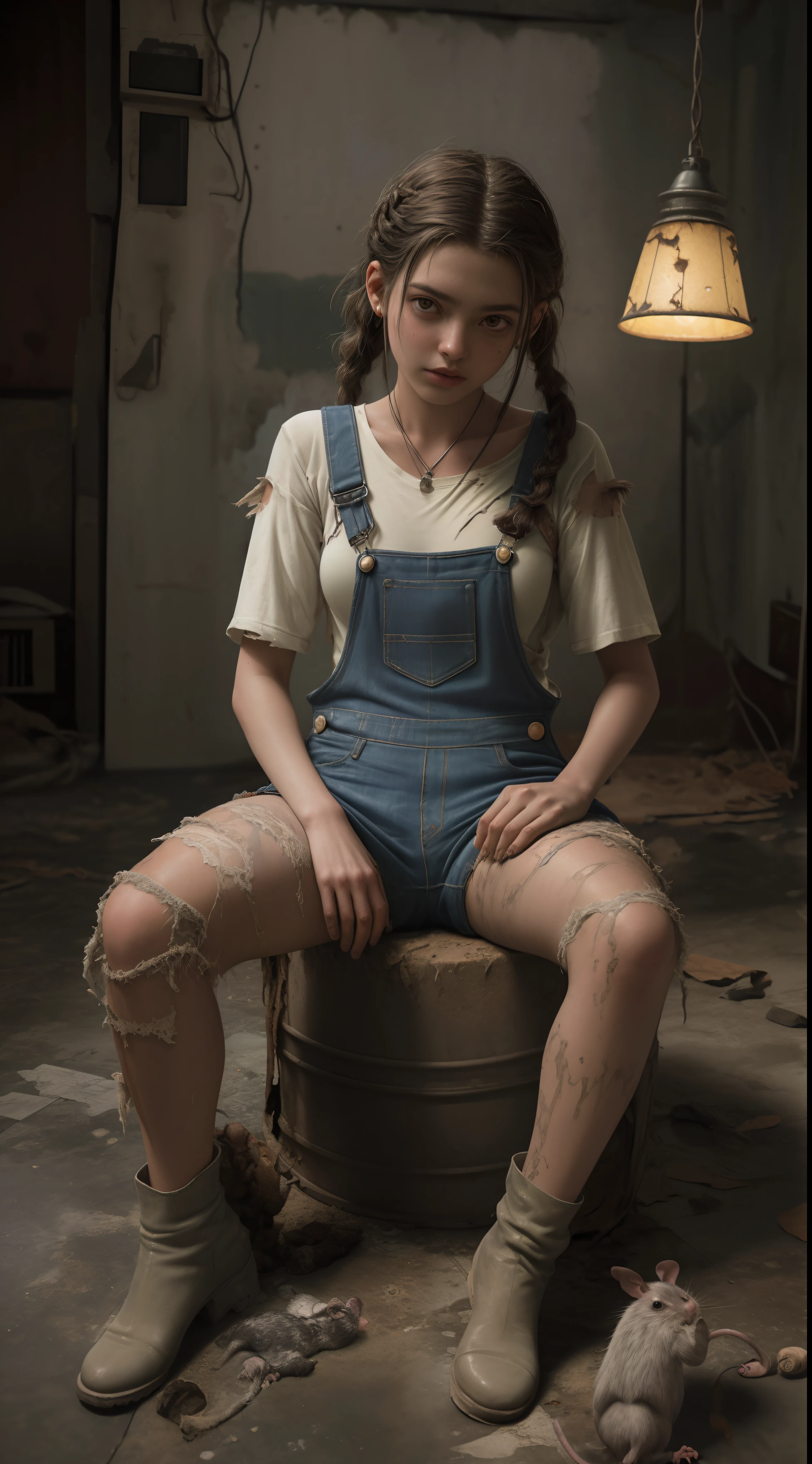 Photo in the dark of 1 girl (( Dressed in torn and fallen overalls)), in a horror movie terrified, brunette hair braids see-through transparent dress ripped dirty, very small breasts, exposed nipples, injured skin, with a lamp in the dark (( sitting on the dirty floor full of rats )), The Dark of a Basement,8K Ultra realistic, visible nipples