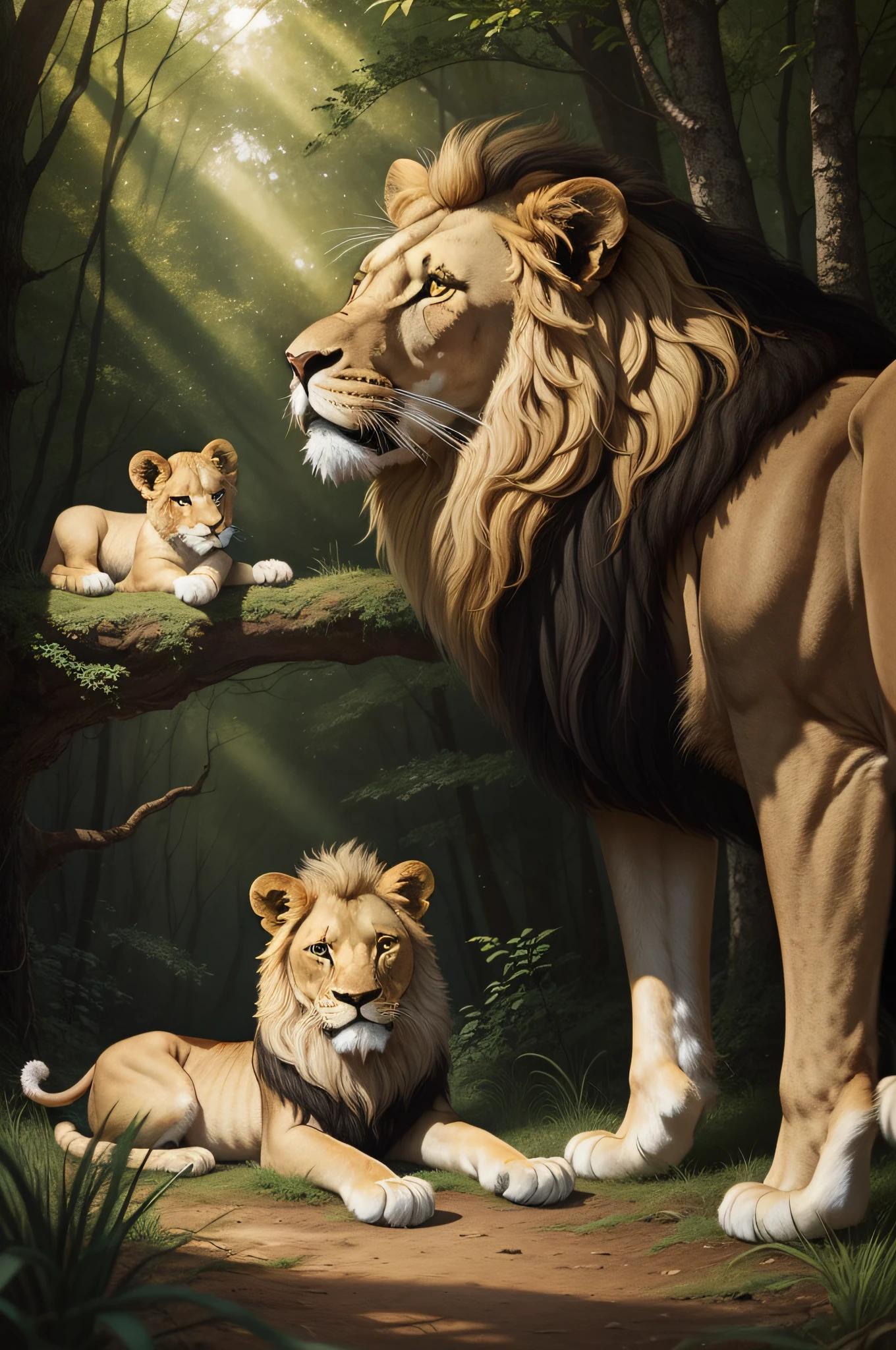 desenho ilustrado, Lion with his cub in a forest, detalhes realistas, natural  lightting, captivating expressions.