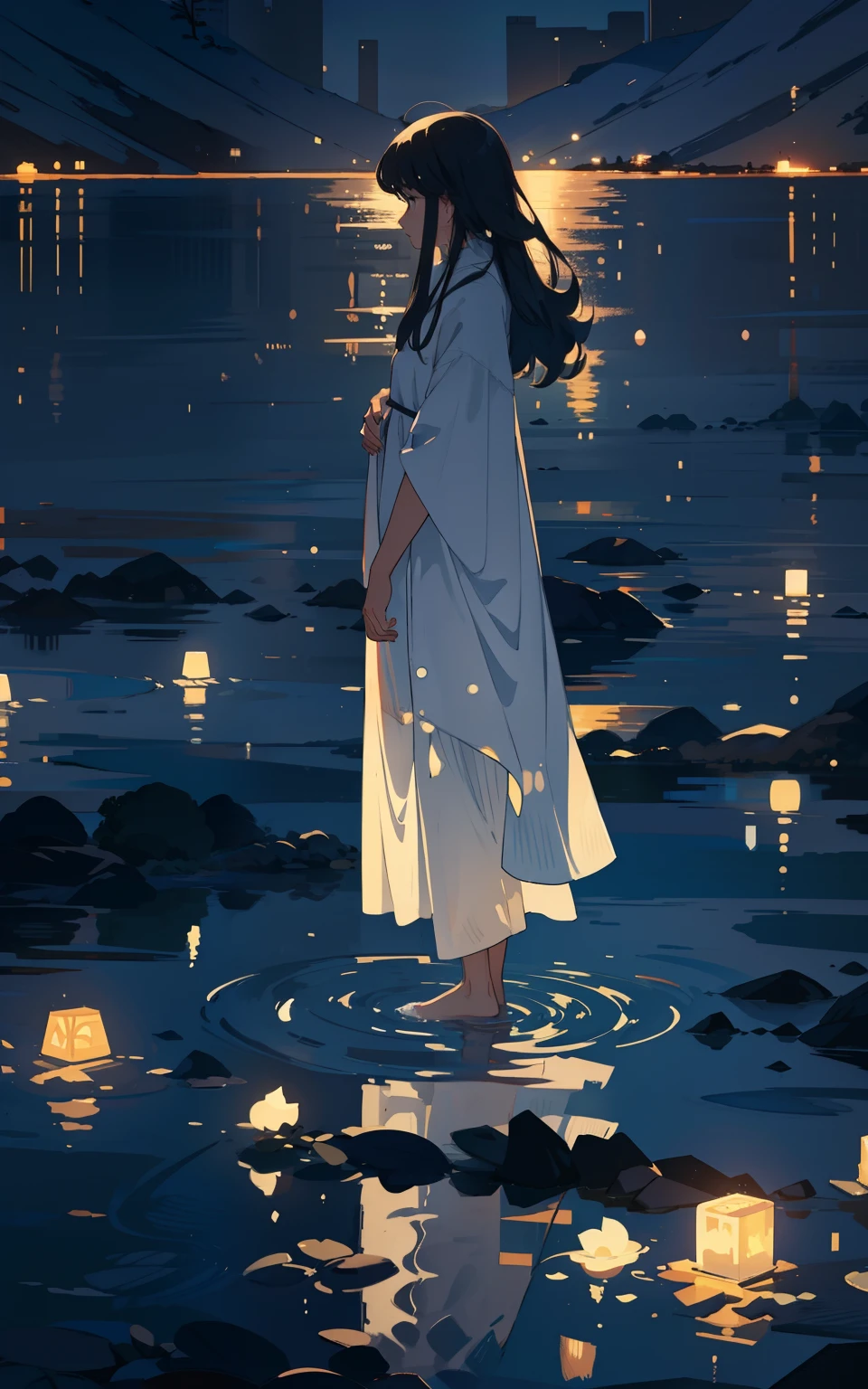 4. Lakeside in the moonlight:A peaceful lake,Reflecting the pure white moonlight,A woman stands quietly by the lake,Silhouettes of moonlight。