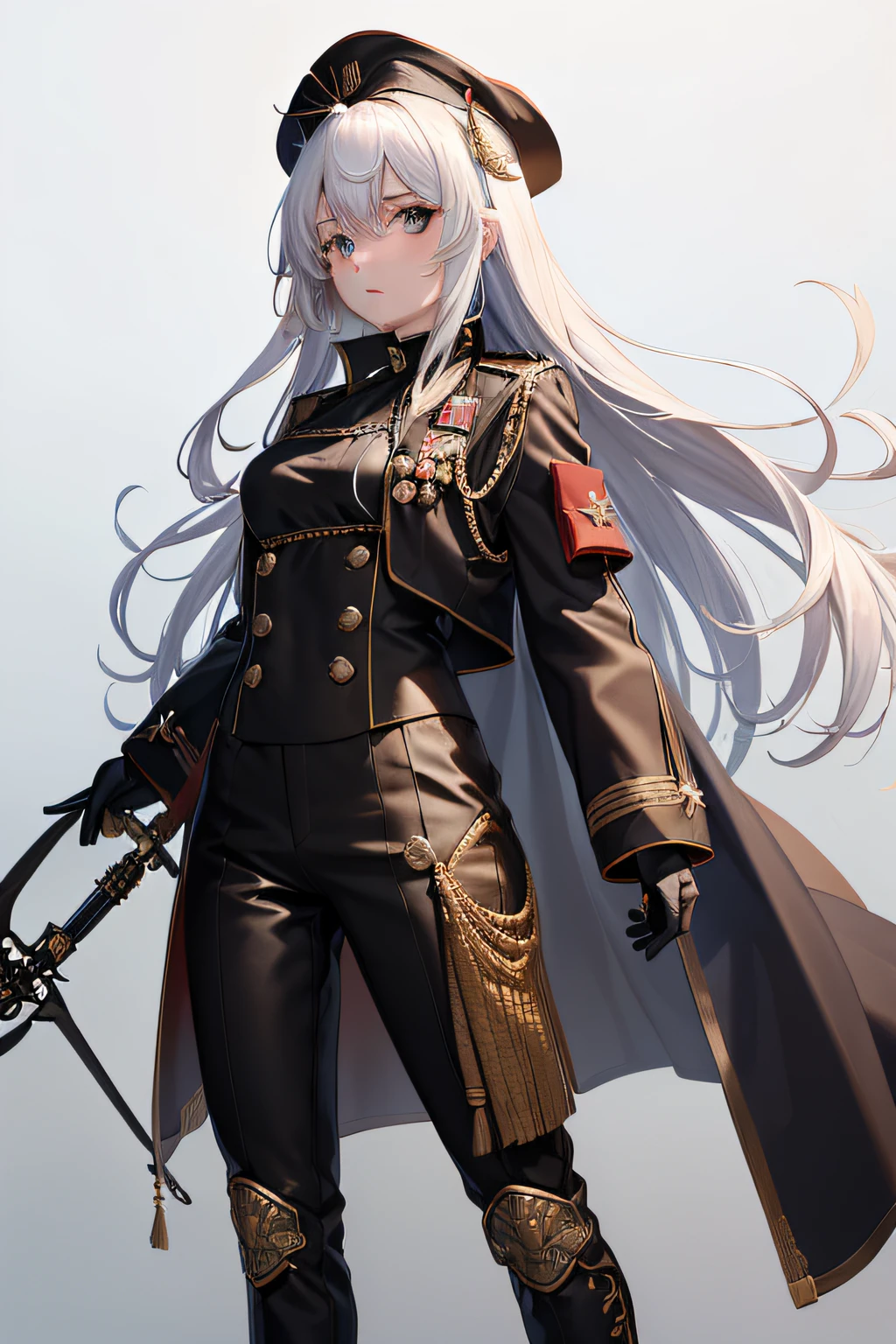 (best quality, realistic), 1girl, silver hair, jacket, wolf ears, coat, military uniform, original, blue eyes, standing, looking at viewer, serious expression, large breasts, long hair