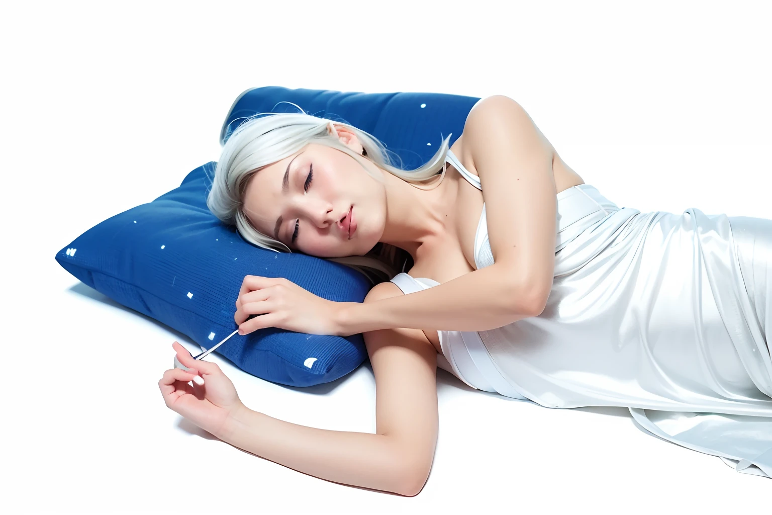 A girl sleeps，Lie on your side on a blue pillow，Draw blue eyeliner，Silver hair，s delicate face，wears a white dress,Full body vista，A sense of future technology，The background is a starry sky, 8K