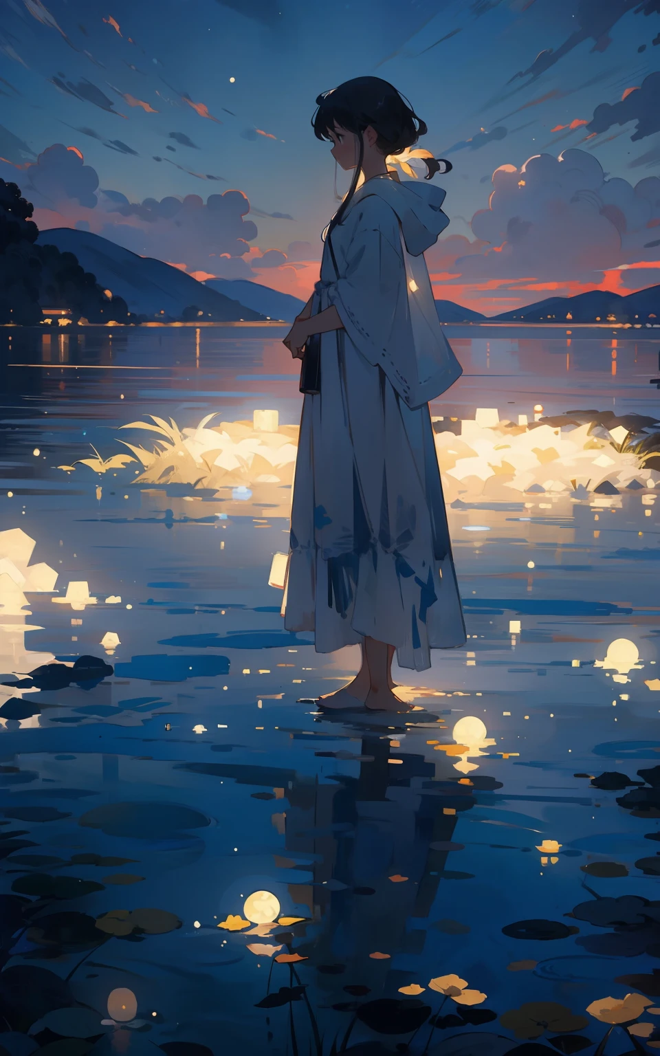 4. Lakeside in the moonlight：tranquil lake，Reflecting pure white moonlight，A woman stands quietly by the lake，Silhouette of moonlight。