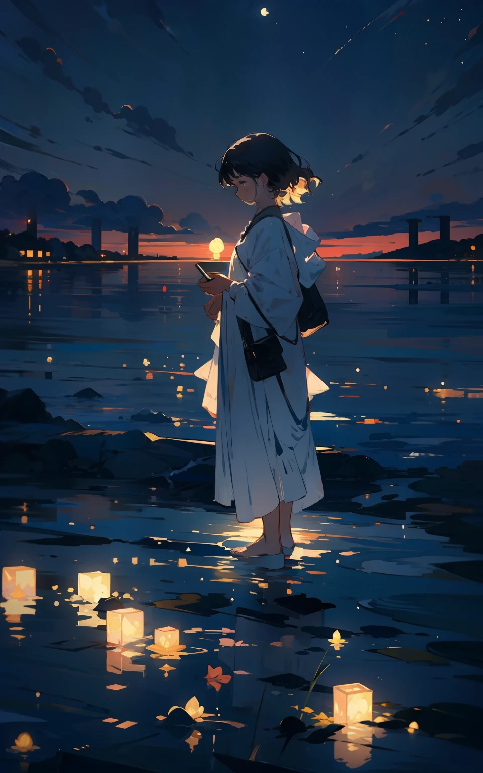 4. Lakeside in the moonlight:tranquil lake,Reflecting pure white moonlight,A woman stands quietly by the lake,Silhouette of moonlight。