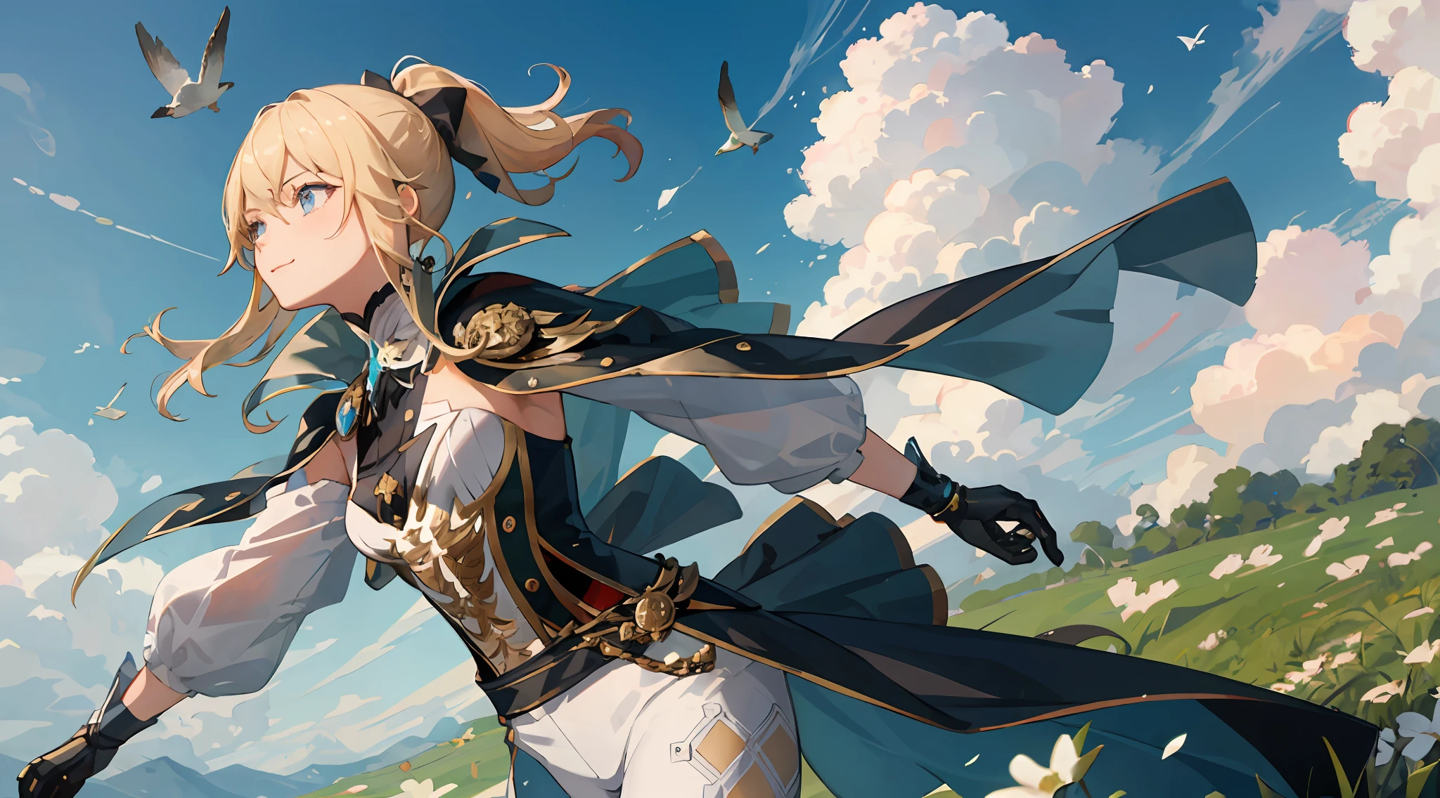 ((masterpiece,best quality)),(negative space:1.4),(1girl, solo:1.4),beautiful detailed eyes,floating blond ponytail hair, long white pants, white clouds and blue sky, green grass, white flowers, dynamic pose, happy, walking outside in a sunny day