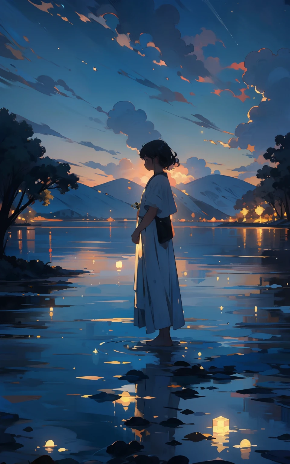 4. Lakeside in the moonlight:tranquil lake,Reflecting pure white moonlight,A woman stands quietly by the lake,Silhouette of moonlight。
