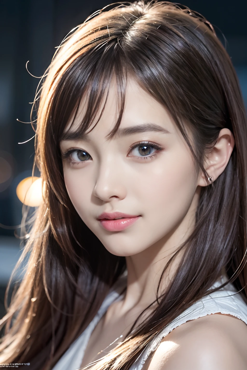 A hyper-realistic、hight resolution、8k wallpaper、ighly detailed、Best Illustration、beautifully detailed eyes、top-quality、ultra-detailliert、​masterpiece、A detailed face、独奏、1 girl in、looking at the viewers、A detailed face、in the darkness nigth、a smile、long、straight haired