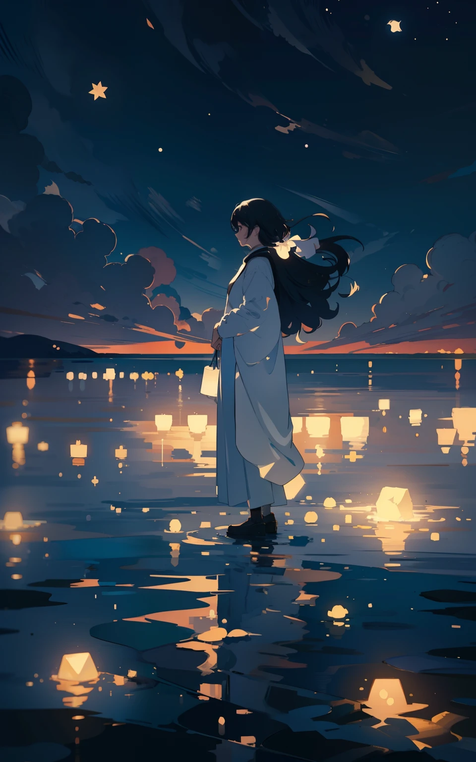 4. Lakeside in the moonlight：A peaceful lake，Reflecting the pure white moonlight，A woman stands quietly by the lake，Silhouettes of moonlight。