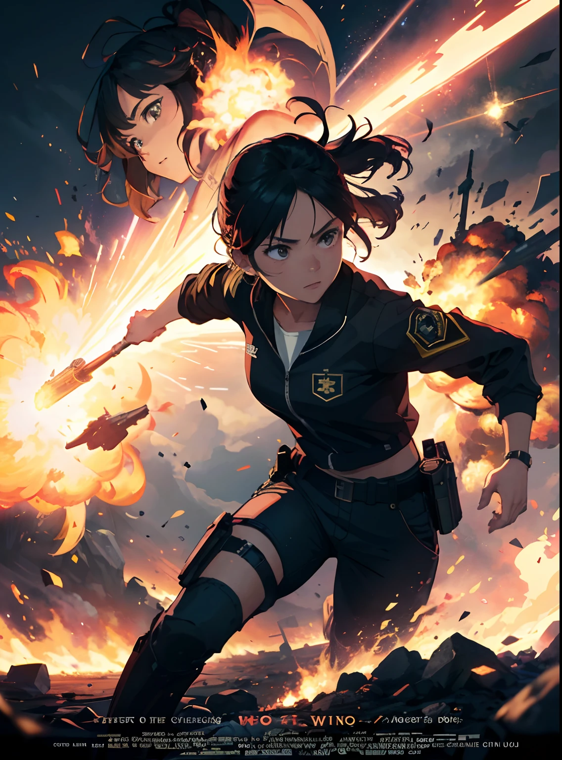 (Best Quality, Masterpiece), A cinematic movie poster for an action film, two women, 21 years old, determined, action-packed, explosions, beams, blasters, cinematic, fade, evil demon in the background overhead