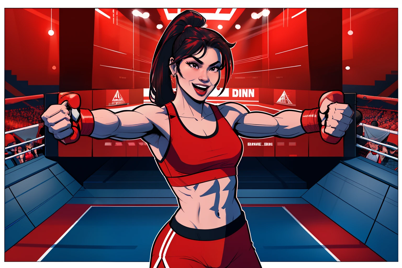 far view, drone view of a boxing stadium, asian woman, anouncing with a microphone, inside collage boxing stadium, boxing ring, ponytail hair, happy expression, wearing a red sports bra, red boxing pants, comic book style, flat shaded, prominent comic book outline linework