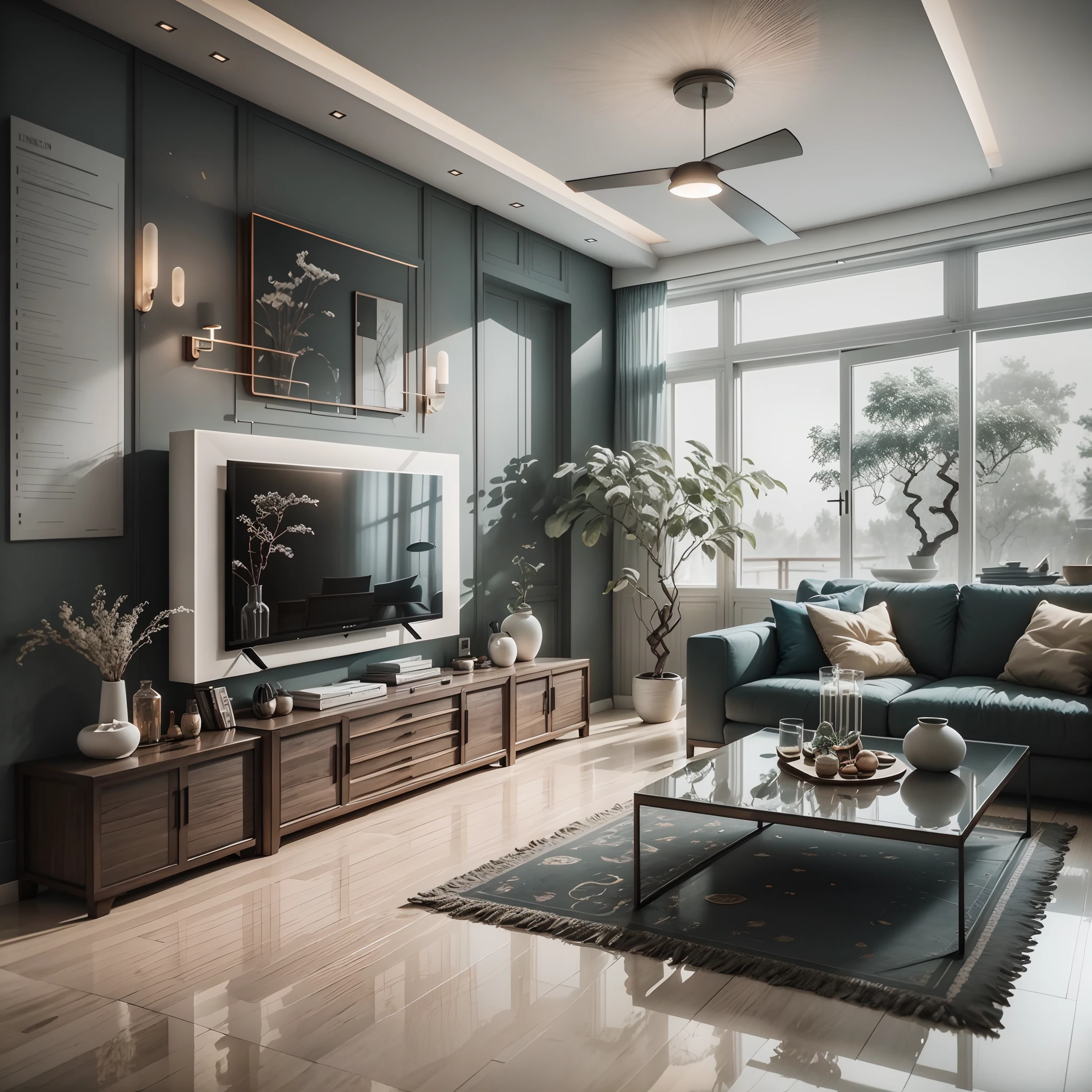 Interior design,liveroom,European minimalist style,Minimalist,nordic,(Black ash),Dark furniture,Multi-angle display,a 3D render、cozy indoor lighting、8K,terrazzo,janelas,Simple wall lamp,Concise wind,broad