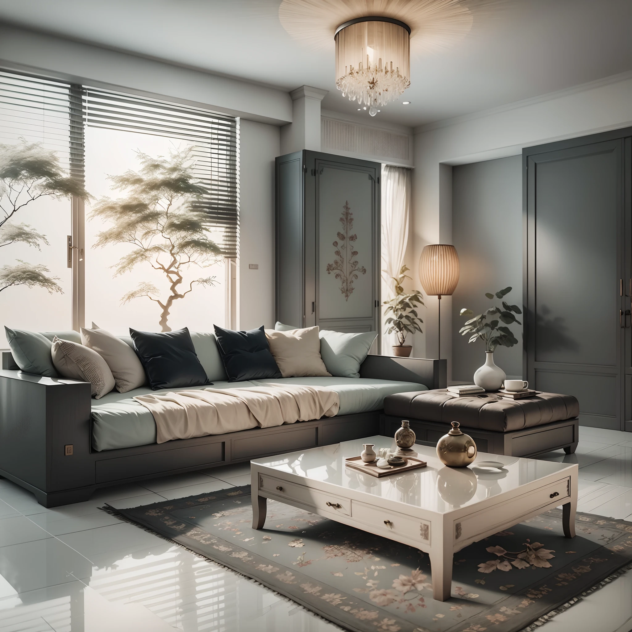 Interior design,liveroom,European minimalist style,Minimalist,nordic,(Black ash),Dark furniture,Multi-angle display,a 3D render、cozy indoor lighting、8K,terrazzo,janelas,Simple wall lamp,Concise wind,broad