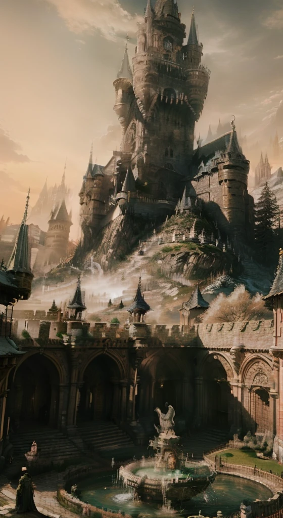 Complex medieval classical castle，Gorgeous fountains and gardens，Surrounded by civilian residential areas，Panorama Figures，down view，Wall paintings，复杂，The is very detailed