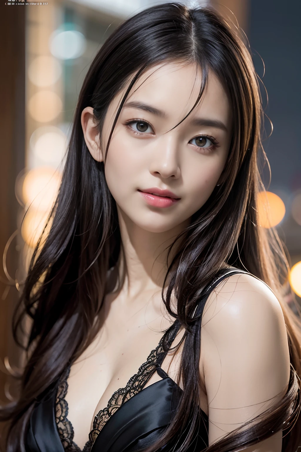A hyper-realistic、hight resolution、8k wallpaper、ighly detailed、Best Illustration、beautifully detailed eyes、top-quality、ultra-detailliert、masterpiece、A detailed face、独奏、1 girl in、looking at the viewers、A detailed face、in the darkness nigth、A smile、long straight hair、The upper part of the body