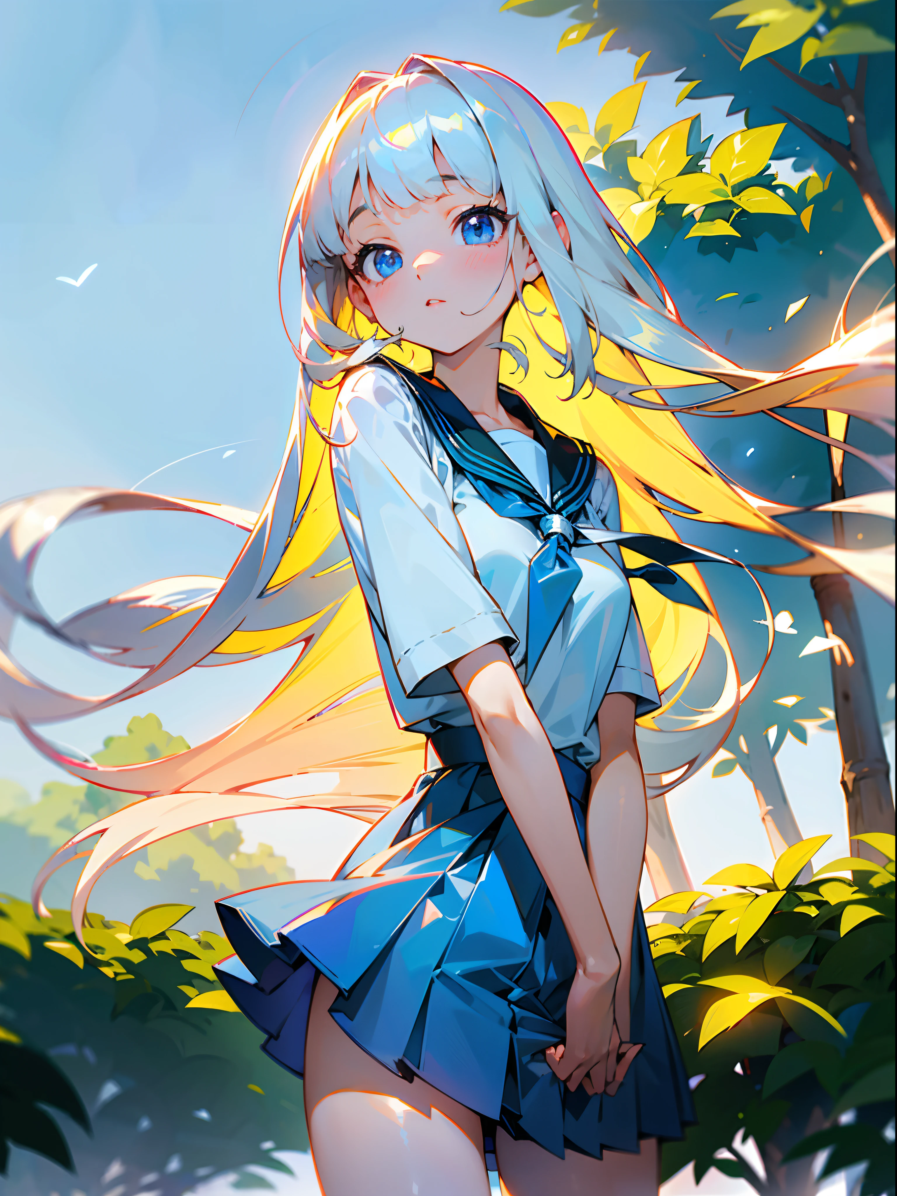plein air、Swaying bangs、ultimate beauty girl、Care for bangs、hair care、Very beautiful 18 year old cute girl、a miniskirt、shiny white young beautiful skin、Sexy and very beautiful good looks、Very cute face with ultimate beauty、Super Long Bright Natural Platinum Blonde Hair、Smooth straight hair、Big blue eyes with radiant transparency、School Uniforms