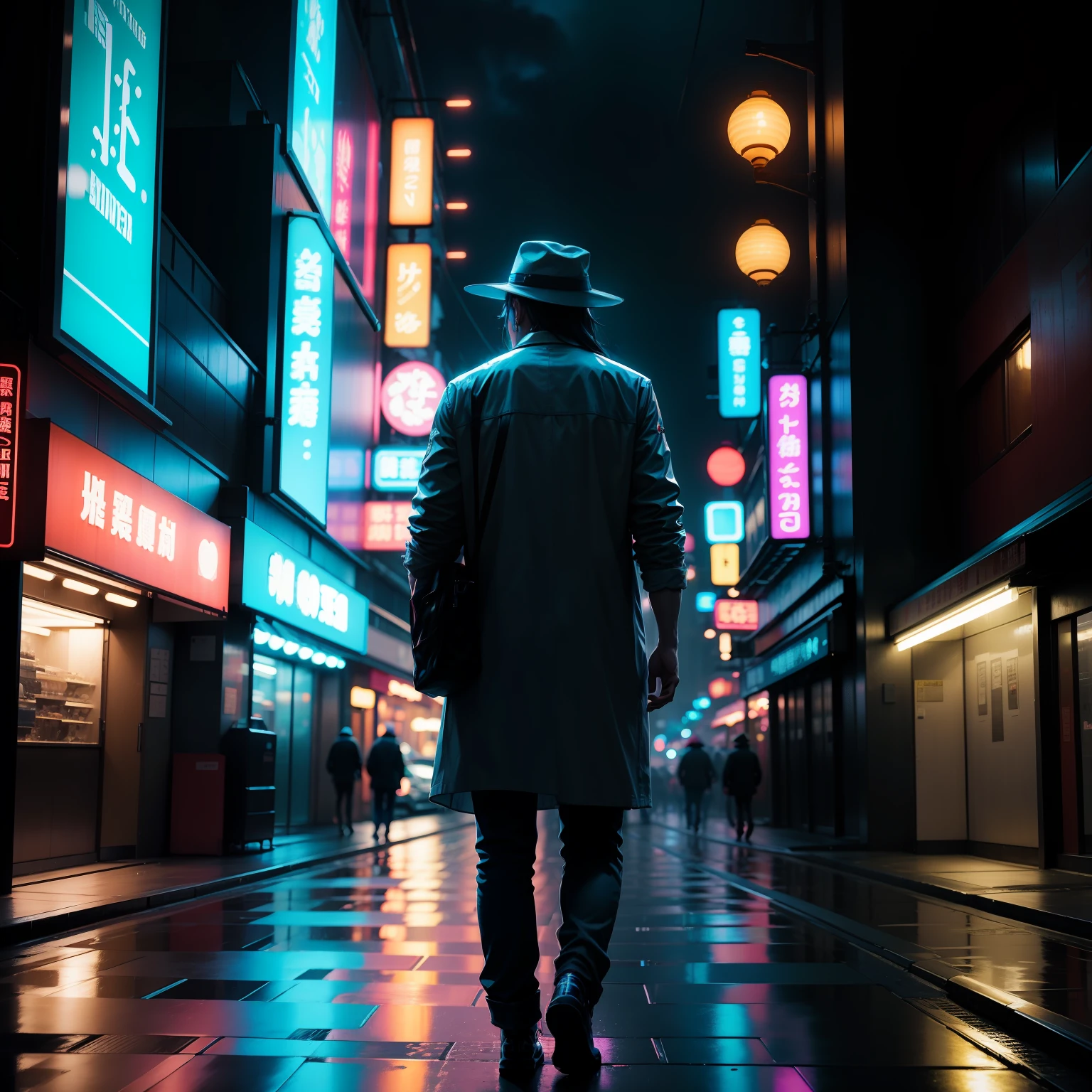 Bright neon lights flicker non-stop at night,In the rainy night,A man wearing a hat walks with his back。