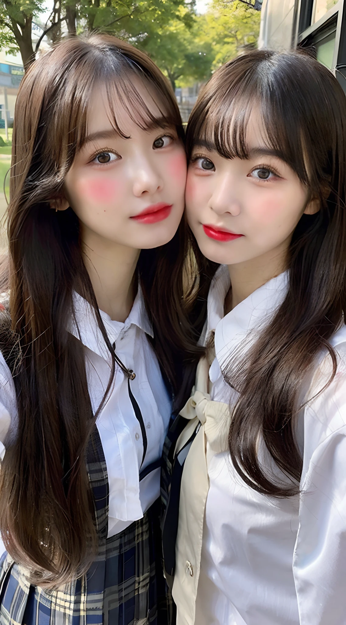 (masterpiece:1.4), two girls, kissing, school uniform, closeup,look at the camera,red lips,red cheek,black hair,smile