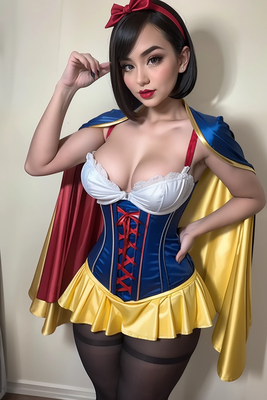 Beautiful Malaysian (( female teenager)), snow white cosplay, blue silk corset, red silk cape, yellow silk pleated skater skirt, silk leggings, short black bob hair, red hairband, masterpiece, photorealistic, amazing detailed face,, (((thick thighs))), wide hips, hourglass figure, innocent, naïve, cute, small breasts, dynamic pose, blushing, slightly fat