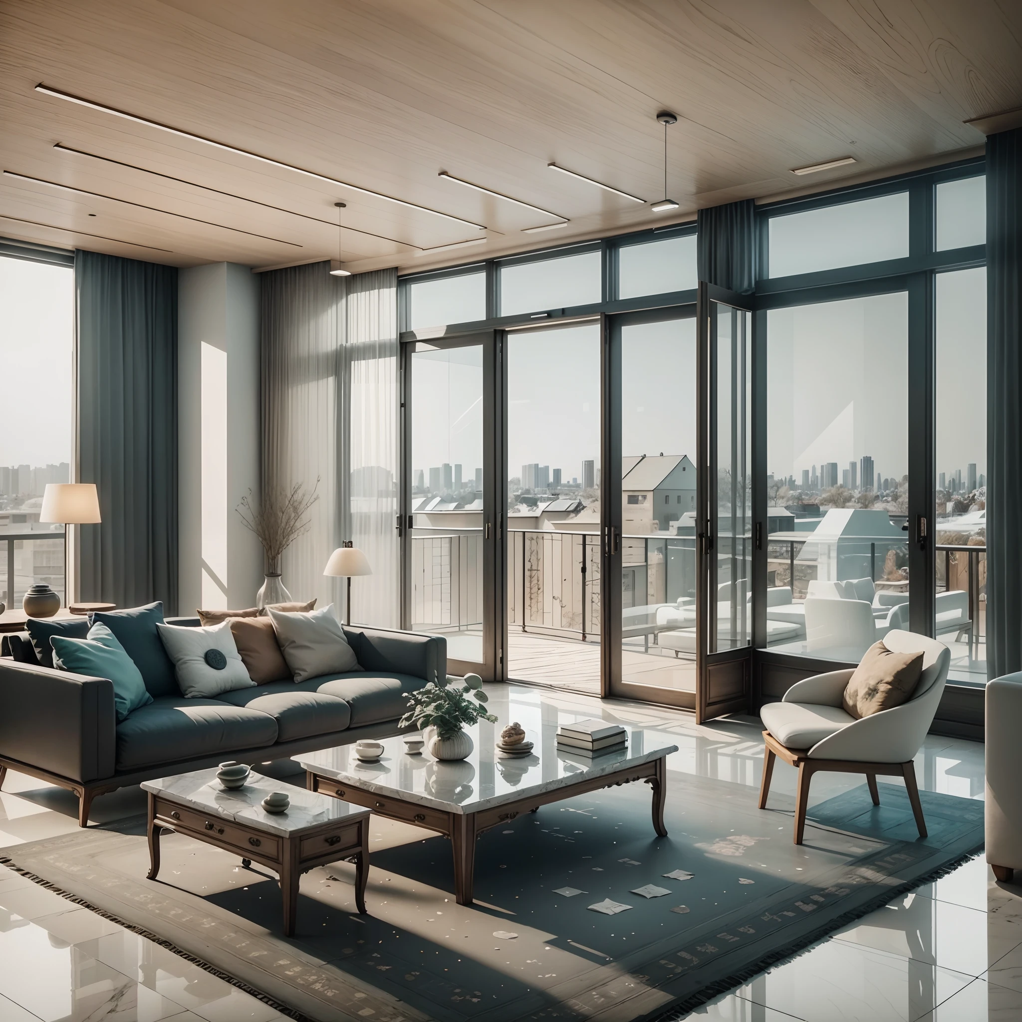 Interior design,liveroom,European minimalist style,Minimalist,nordic,(Black ash),Black furniture,Multi-angle display,a 3D render、cozy indoor lighting、8K,terrazzo,janelas,Simple wall lamp,Concise wind,broad,Floor-to-ceiling windows,Marble floor tile,Cold