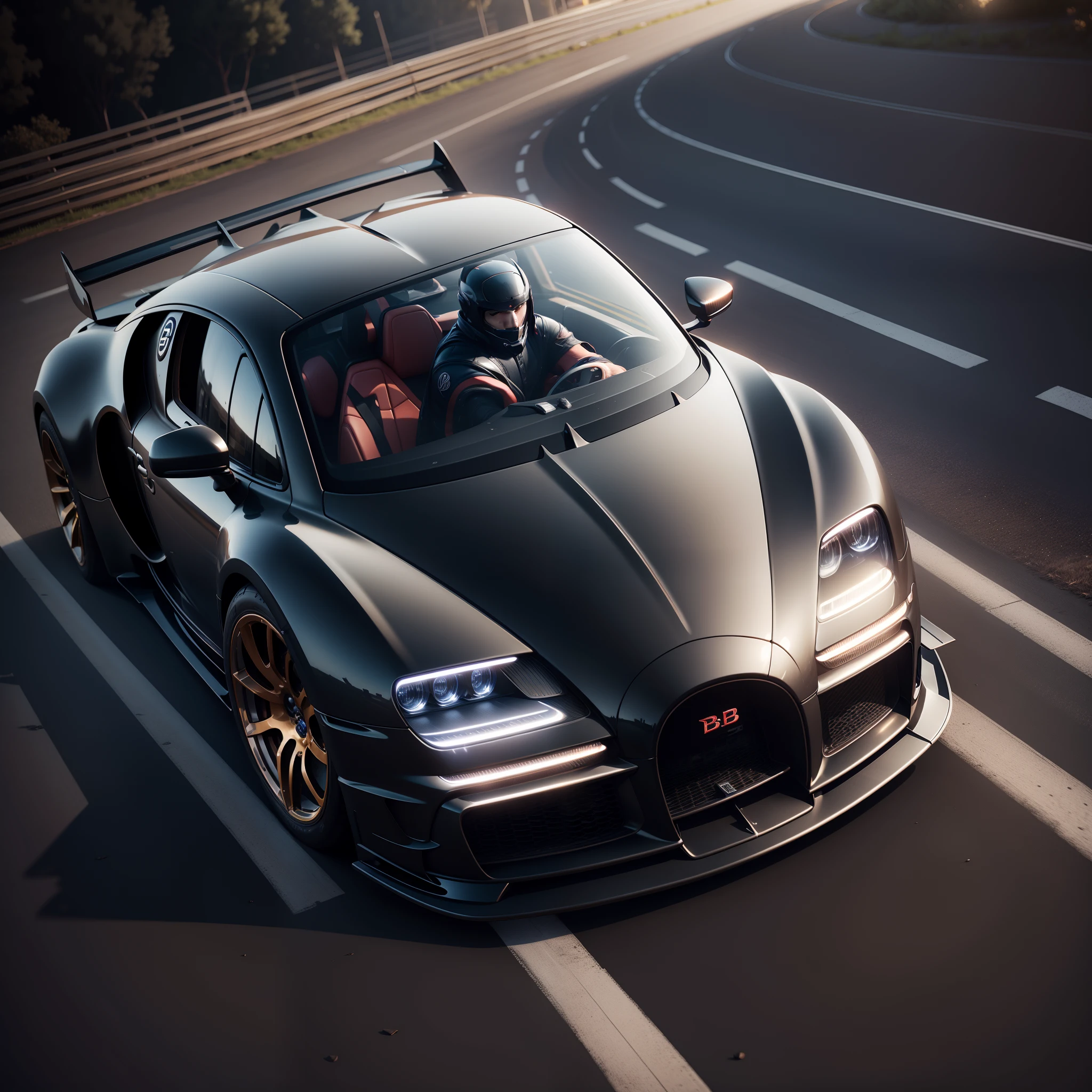 Black bugatti drifting on the road, night time, photorealistic image, 8k, ultra HD, unreal engine rendered, cinematic lighting,  artgerm style