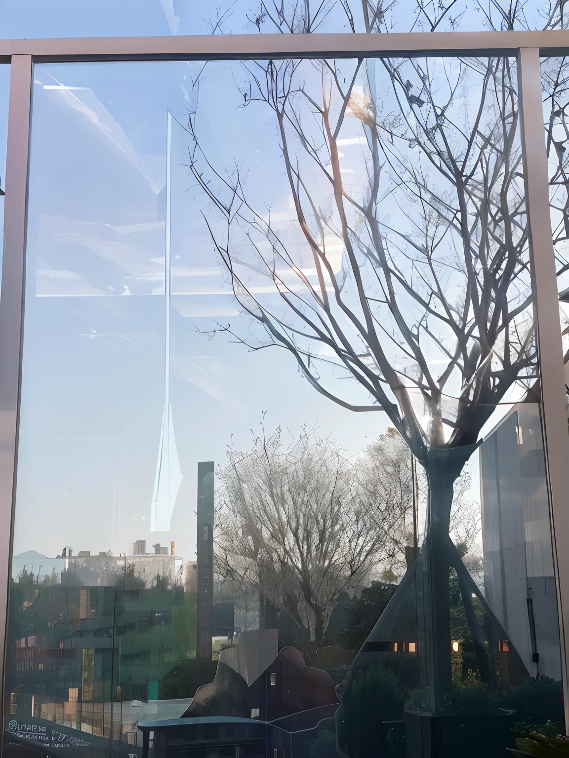 There is a reflection of a tree in the window of the building, Clear glass wall, 8 k''. filling of the view, inspired by Leandro Erlich, transparent glass surfaces, reflected in giant mirror, beautiful rtx reflections, Reflective window glass, hyper realistic reflections, Translucent glass luster, transparent building, nice spring afternoon lighting, reflective windows, glass wall