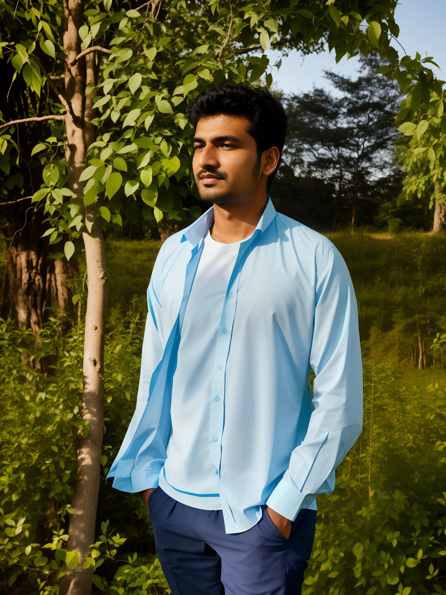 arafed man standing in a field with a tree in the background, in front of a forest background, amidst nature, nivanh chanthara, ayan nag, wearing a light blue shirt, photo taken in 2 0 2 0, profile shot, with a tree in the background, inspired by Bikash Bhattacharjee, riyahd cassiem