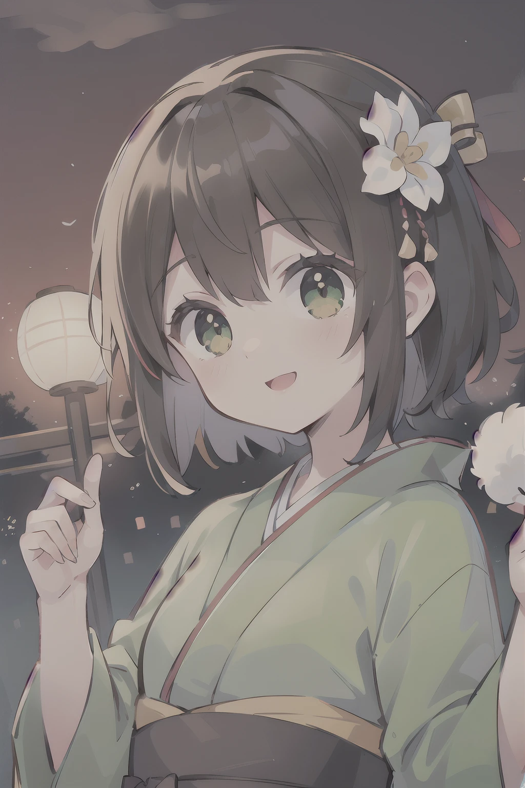 (masterpiece), best quality, beautiful detailed hair detailed face, ultra high res, sharp focus, ((1 young woman, solo)), (warm pastel color), perfect feminine face, upper body, medium close-up, dutch angle, (at the evening time:1.5), in the japanese festival, ((beautiful shape eyes, green eyes)), chesnut brown har, short hair, smiles, (japanese colorful kimono:1.2)