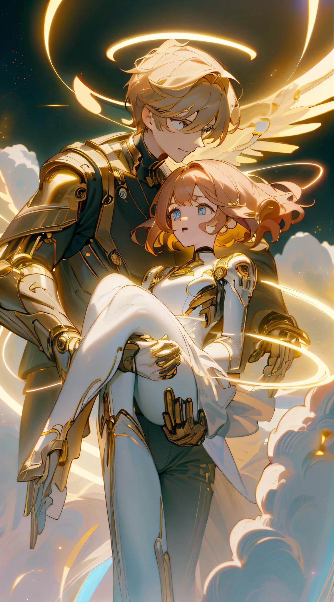 Best quality,(2 others， couple， Extremely detailed 1 boy vs 1 girl， Height difference， Different colors， The upper part of the body， Extremely detailed outline， Extremely detailed eyes), strawberry blonde hair, blessedtech, Spacesuit, Aura, Blessing space background, Bless Tech Nebula background, Floating, full bodyesbian, low gravity, Smile, Open mouth, (in awe, surprise)