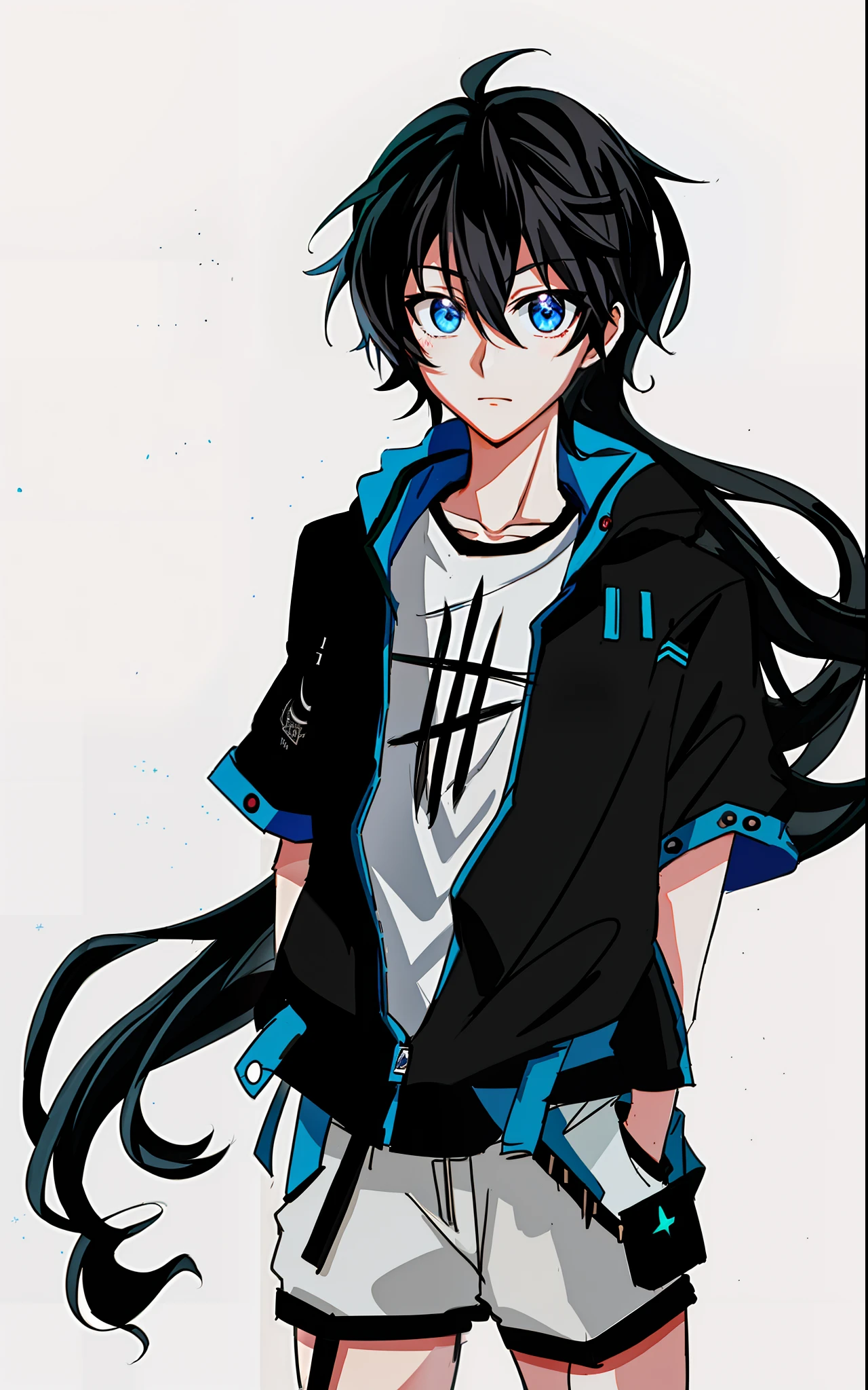 Anime boy with long black hair and blue eyes in a black jacket, Tall anime guy with blue eyes, Anime boy, anime moe art style, 2 d anime style, anime full body illustration, anime style character, young anime man, in an anime style, inspirado em Okumura Masanobu, as an anime character, anime figure, Male anime style,largeeyes