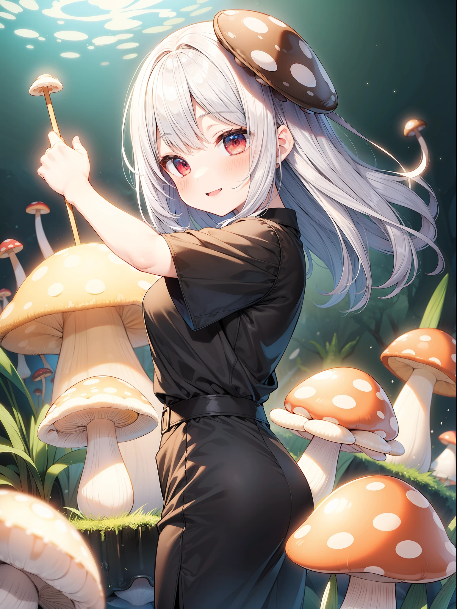 Simple drawing, Mushrooms and girls, tchibi, Cute, Big smile, Dark room, glowing mushrooms, Mushrooms + Mushrooms + Mushrooms + Mushrooms + Mushrooms, Mushrooms on the head, From the side Side,Watercolor illustration, Perfect anatomy, Masterpiece, Best quality, 1girll, ,elementary student, Solo, (with short white hair:1.2),Nature, landscape