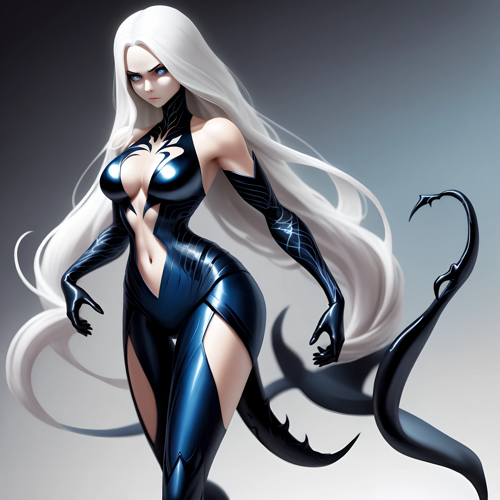 Venom less, feminine figure, white body, long hair, blue eyes