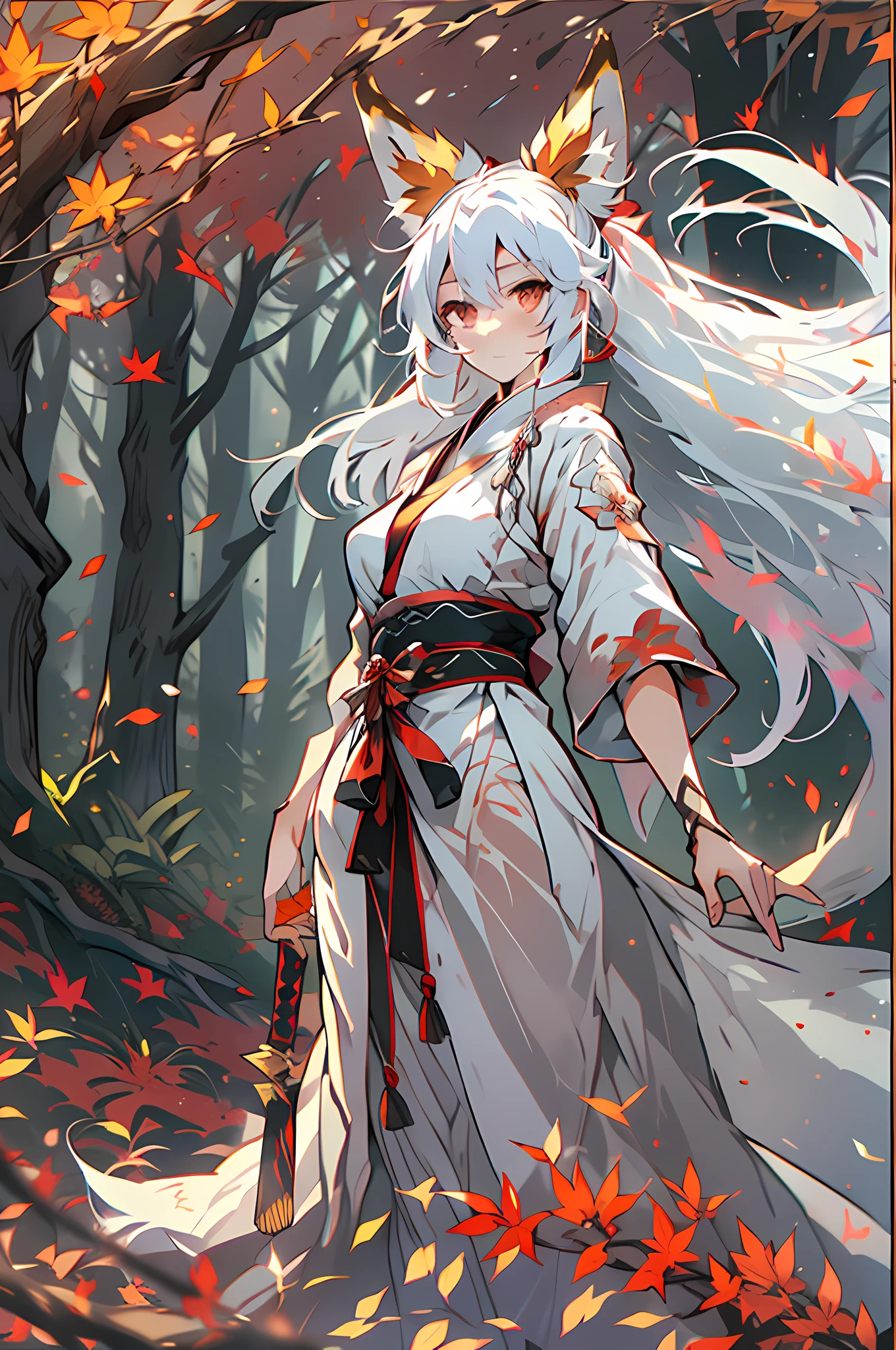 solo, anime girl in forest with red leaves, anime kitsune girl with long white hair in ponytail, white - haired fox, white fox anime, white haired deity, fox nobushi, dynamic lighting, extreme detail, neutral expression