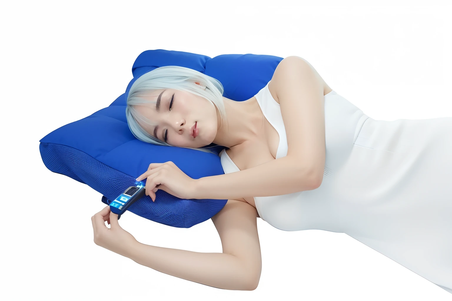 A woman lying on a mat,A pillow on the head, Leaning on the pillow, Cover all eyes, Lying dynamic posture, In a calm state, Lying on the pillow, Rest after a hard battle, Head Up