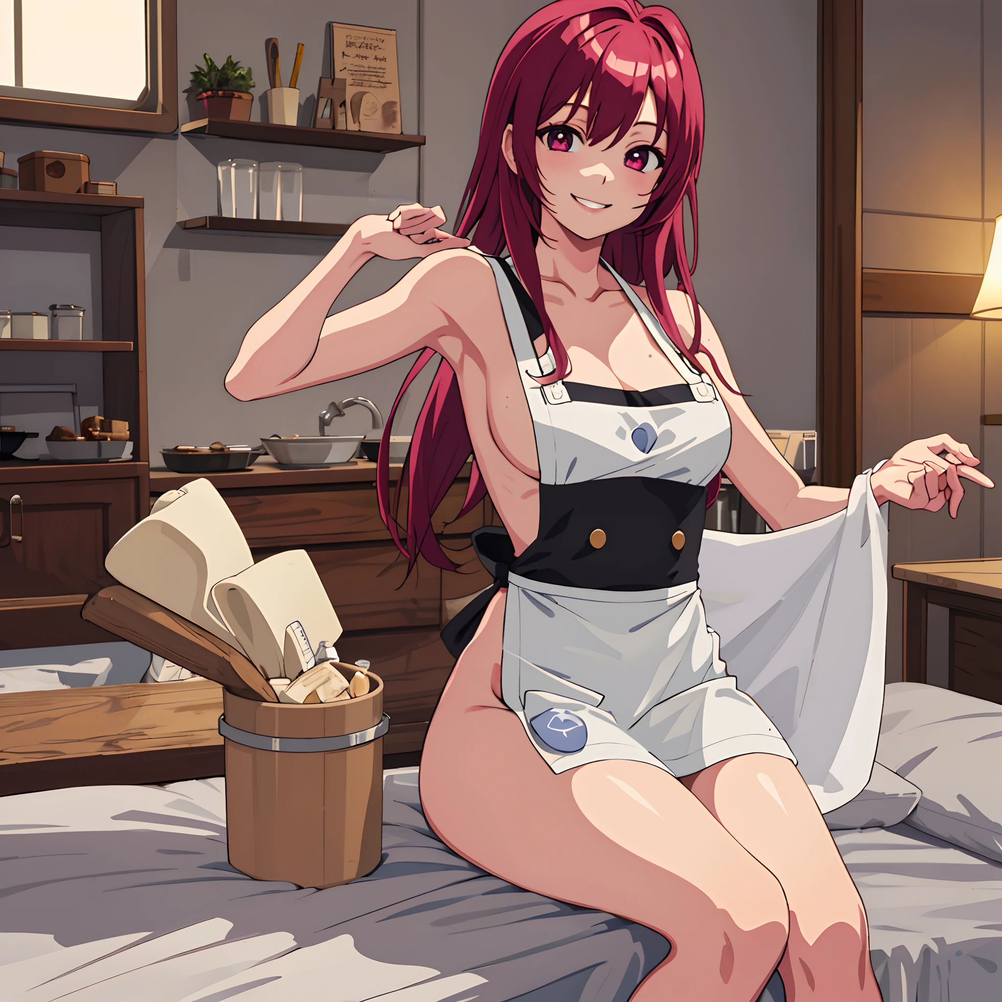 (masterpiece, best quality), 1girl, Yuzuriha, smiling,  naked apron, on bed, nsfw