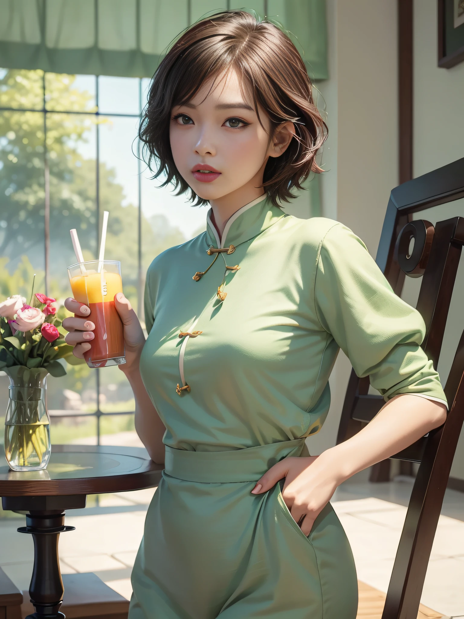 Light short hair,close to face,Chinese big eyes boy with lipstick on his lips, Realistic scene style, Light green and light maroon,Drinking a juice, I can't believe how handsome this is, pixar-style, pixar-style, pixar-style, pixar-style,Light white and light green, cartoon character