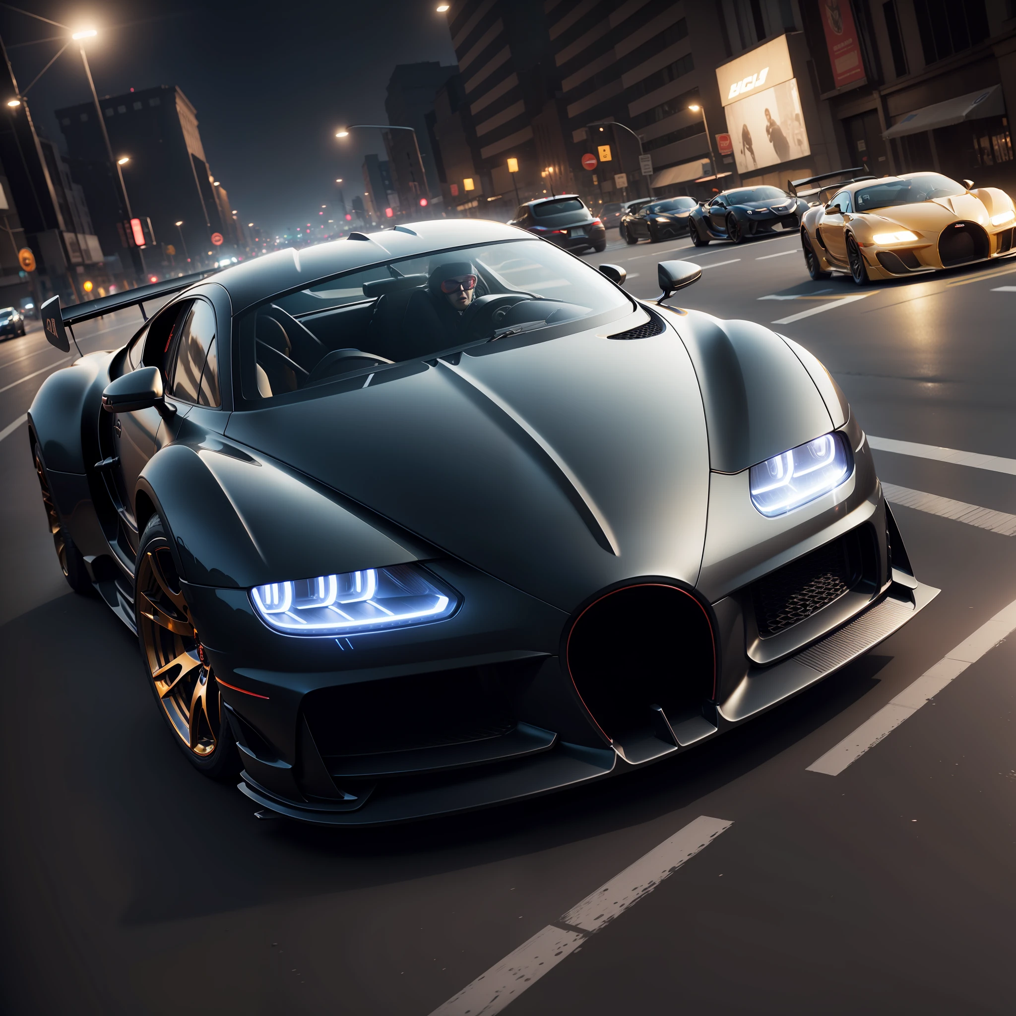 Black bugatti drifting on the street, night time, photorealistic image, 8k, ultra HD, unreal engine rendered, cinematic lighting, artgerm style