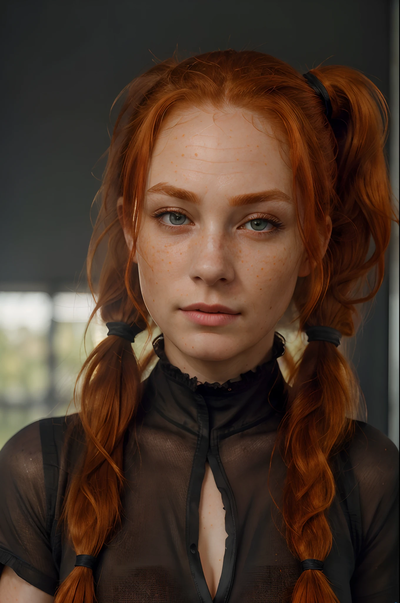 (8k, RAW photo, highest quality),(epic realistic:1.5), a girl, dynamic posture,erotic face,shirt,(detailed eyes:0.8),(looking at the camera:1.4), (highest quality), (best shadow),intricate details,cinematic,((skin:1.4)),interior, (long ponytail ginger hair:1.3),dark studio,(hdr:1.5),detailed, muted colors, freckles