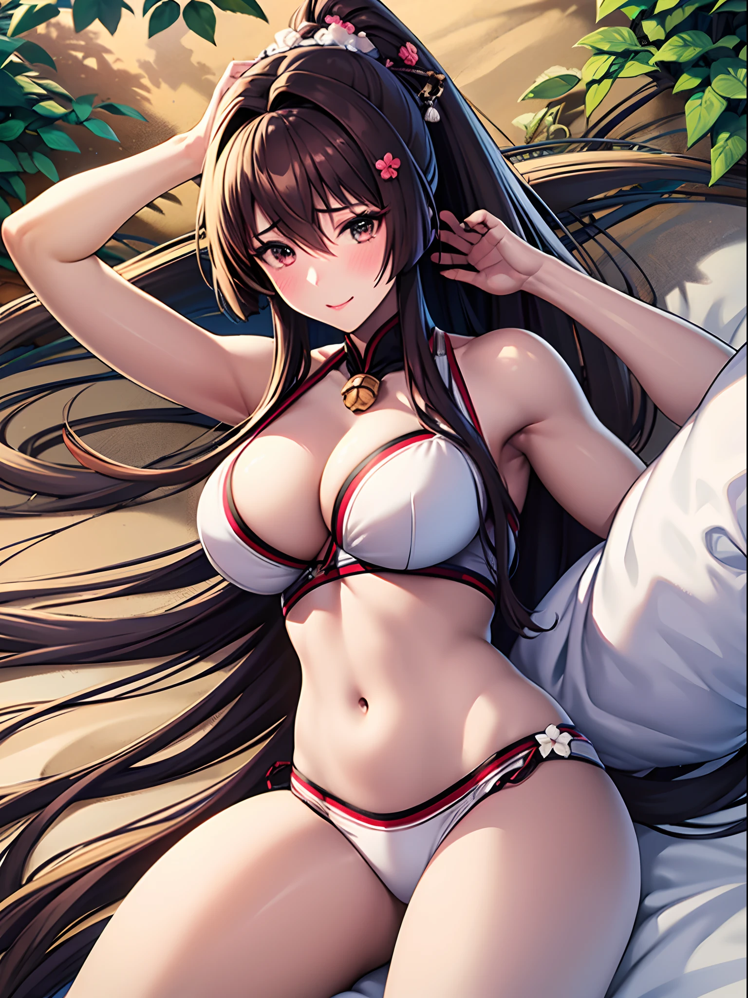 ​masterpiece, Best Quality，top-quality，{{{Yamato \fleet}}}，Very long ponytail，Brown hair，red blush，brown-eyed，Nasty face，very large breasts，very sagging chest，女の子1人，White bikini，{{{White bikini}}}，very long ruffles of white color,，{{{very long ruffles of white color,}}}，{{{the beach}}}，laying on back，Open Legs Pose，