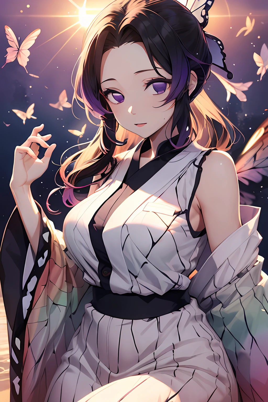 Kochou Shinobu, 1girl,masterpiece, multicolored hair,sleeveless, purple eyes, yukata, white haori, , multiple butterflies, , laked sunset, lens flare, perfect lighting, highest quality, hands behind, thick thighs, large breasts, highest quality, high resolution.