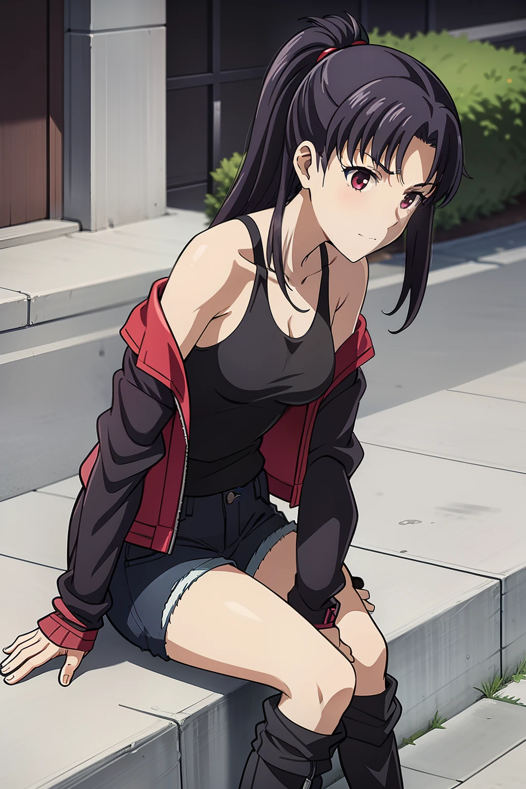 Misato , Dressed in a black Modern street style jacket , under it she wears a Purpel short tank top , a Black Modern street style Jeans , Modern street style Black and violet colored sports boots