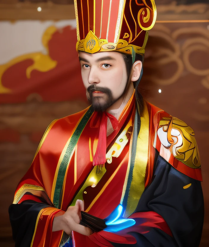 Bearded man in Chinese costume holding sword