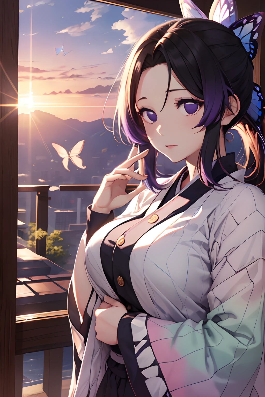 Kochou Shinobu, 1girl,masterpiece, multicolored hair,sleeveless, purple eyes, yukata, white haori, , multiple butterflies, , laked sunset, lens flare, perfect lighting, highest quality, hands behind, thick thighs, large breasts, highest quality, high resolution.