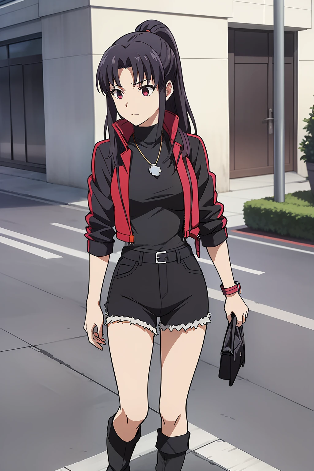 Misato , Dressed in a black Modern street style jacket , under it she wears a Purpel short tank top , a Black Modern street style Jeans , Modern street style Black and violet colored sports boots